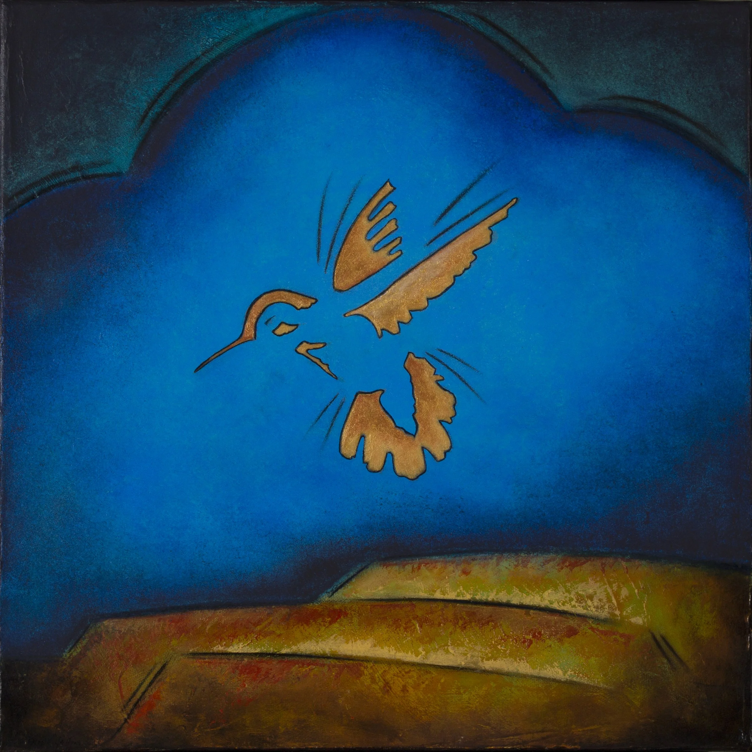 A painting of a hummingbird in flight, with golden color accents against a blue background.