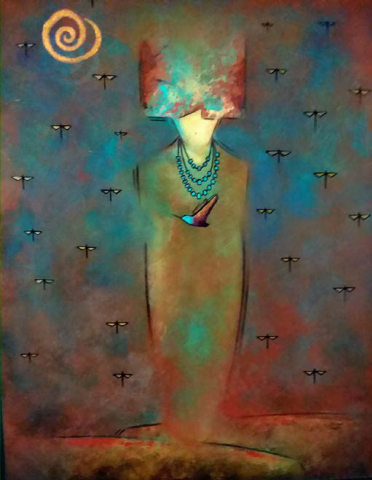 Abstract painting of a woman with a face obscured by a swirling pattern, wearing a turquoise beaded necklace, surrounded by small black flying insects against a teal and red background.