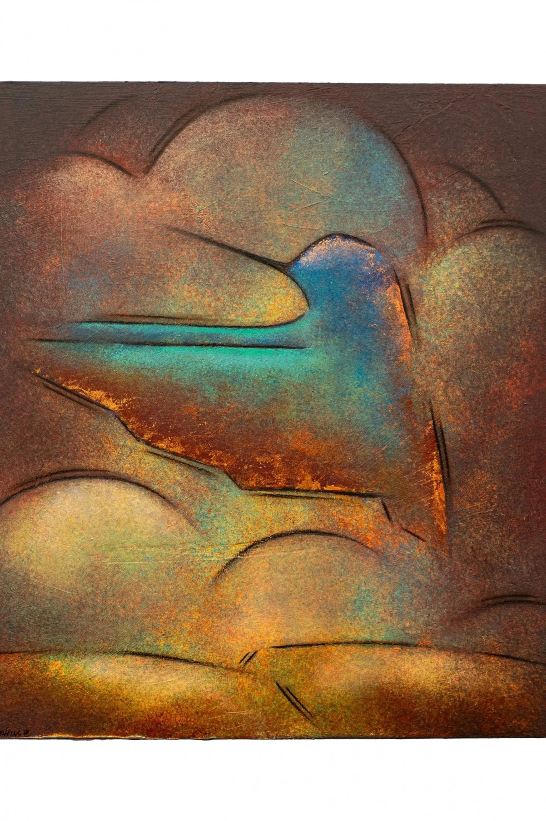 Abstract colorful painting with curved shapes and lines, featuring shades of orange, blue, green, and yellow.