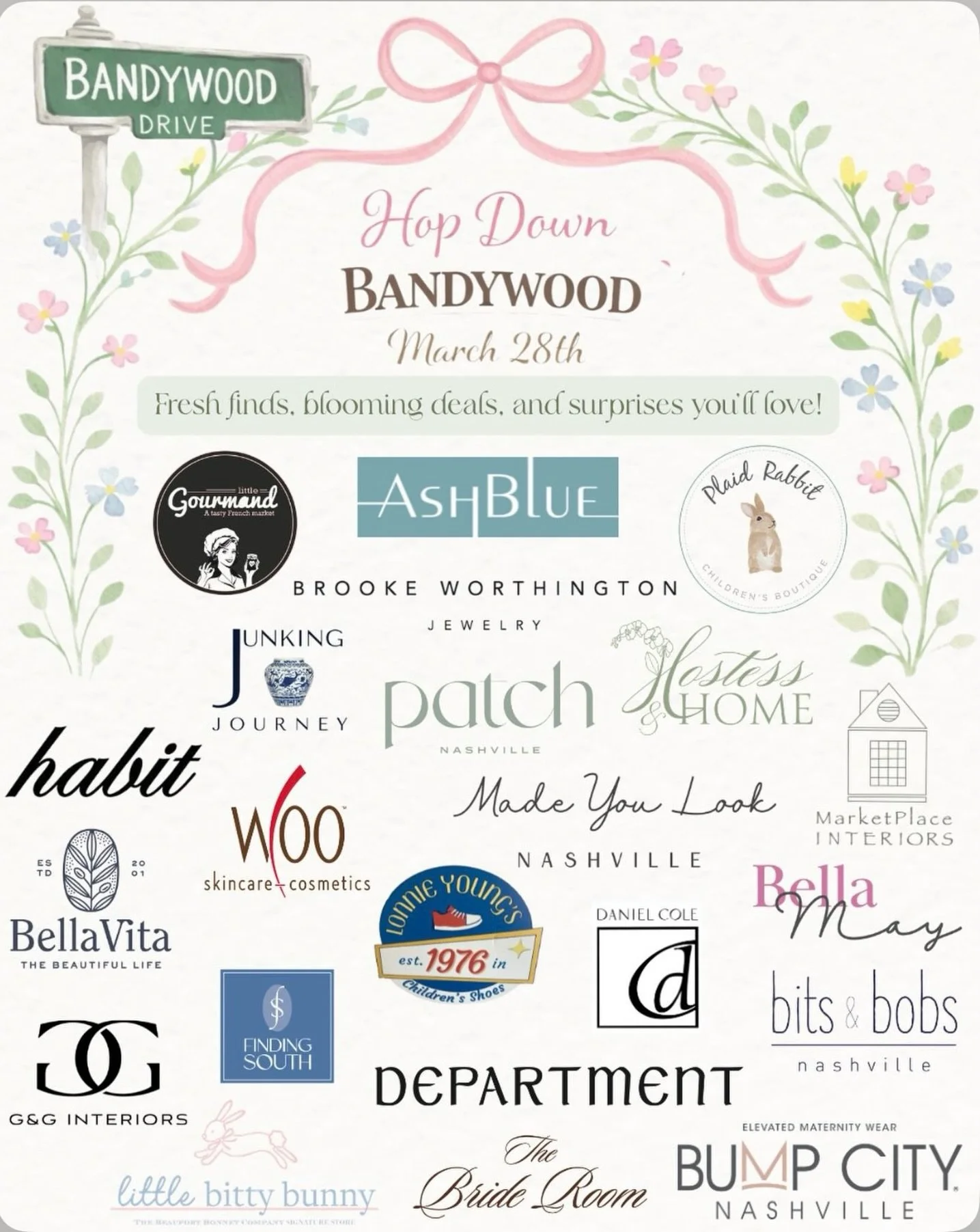 Spring is in the air and Bandywood is calling
Some of the best neighbors in town are ready for you to hop on in!
Join us this Saturday, March 28th and stroll up and down Bandywood. It will be the perfect spring day to shop, browse, and find something