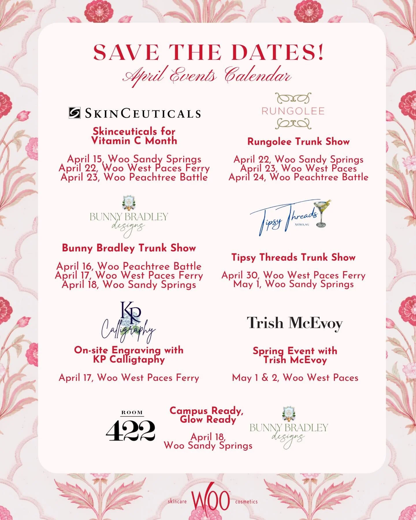 Save the dates, a full lineup of April events is here! ✨ 💌⁠
⁠
A month filled with trunk shows, sip &amp; shops, beauty consultations and special in-store moments you&rsquo;ll only find at Woo Atlanta. Whether you&rsquo;re stopping by to shop or maki