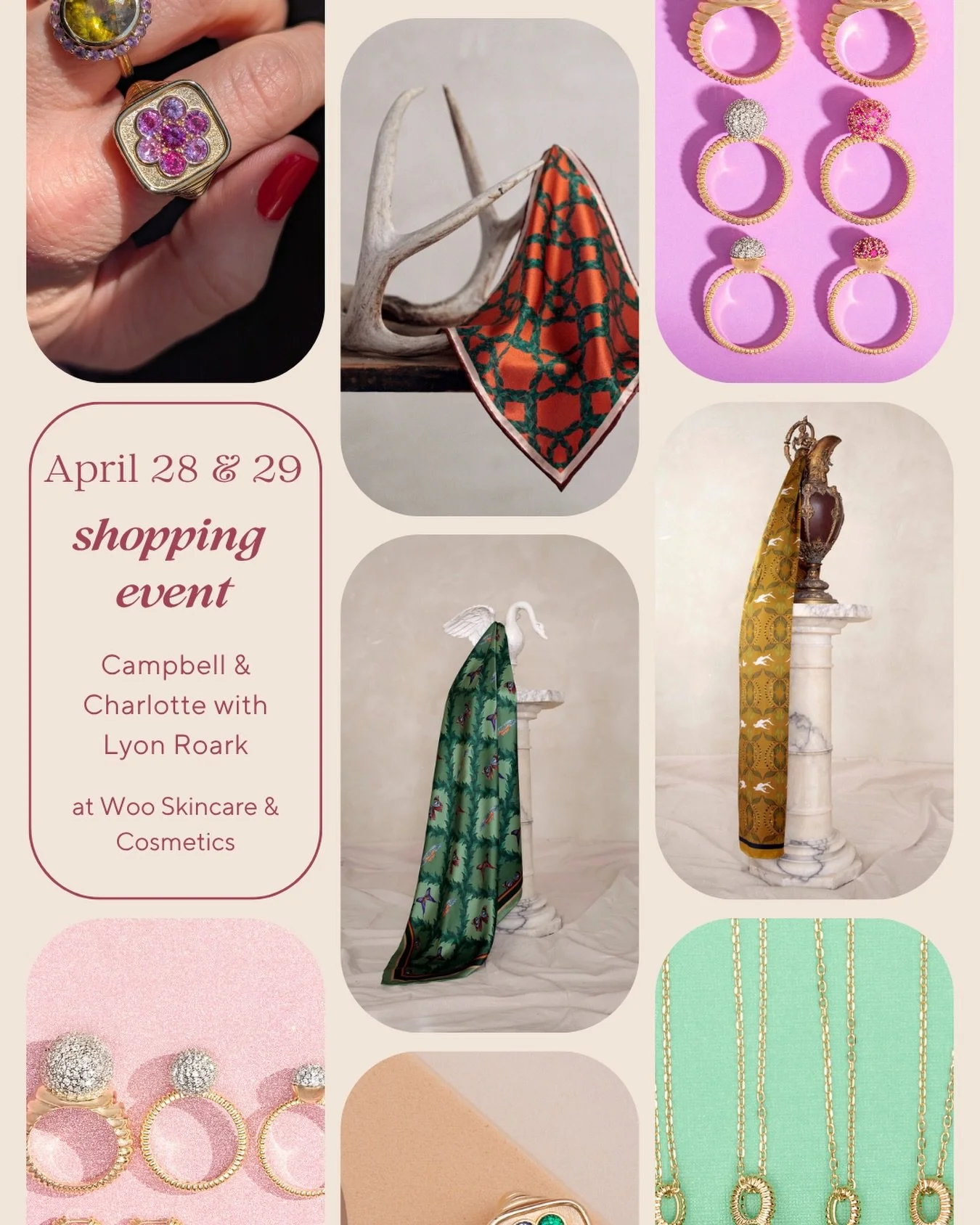 Adorn yourself in timeless, heirloom quality 🧣scarves from @lyonroark while sparkling in playful, bold jewelry ✨pieces from @campbellandcharlotte TWO days only @woocharlottenc 

Shop 4/28 + 4/29 in store 🛍️

&hellip;&hellip;..jewelry 💎&hellip;&hel
