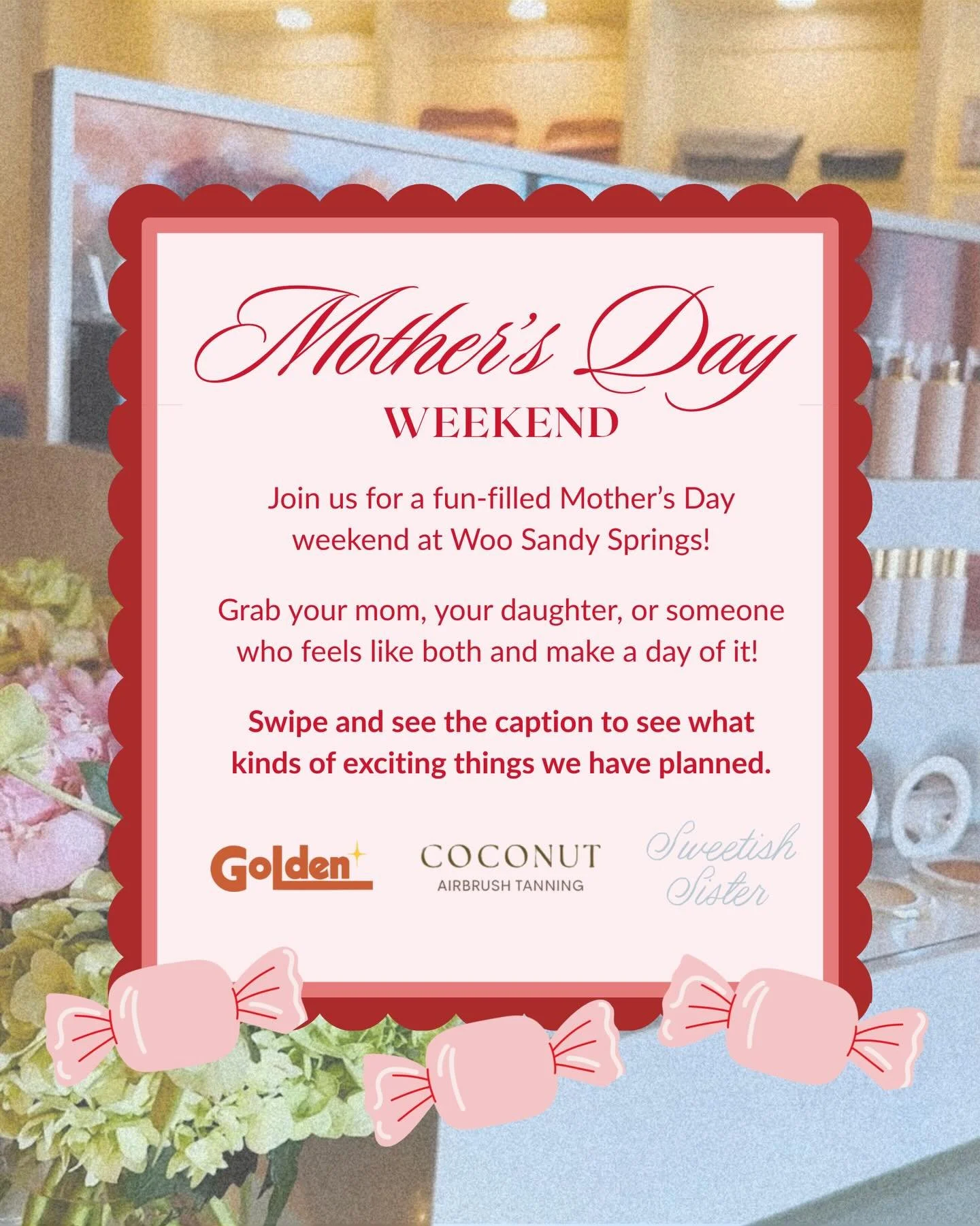 Celebrate Mother&rsquo;s Day weekend with us at Woo Sandy Springs! ✨️ 🌸⁠
⁠
The perfect excuse to spend a little time together. Friday features @coconutairbrushtanning with on-site spray tans available by appointment only, so you can both get your gl