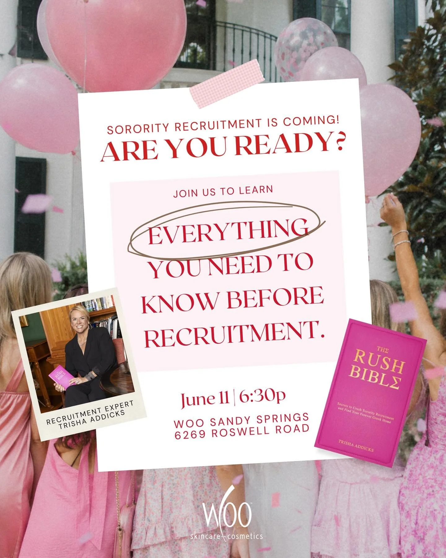 Rush week will be here before we know it. 💫⁠
⁠
Join us at Woo Sandy Springs on Thursday, June 11 for a special evening with recruitment expert Trisha Addicks of @rushwithconfidence as she shares insider tips, style advice, and practical guidance to 