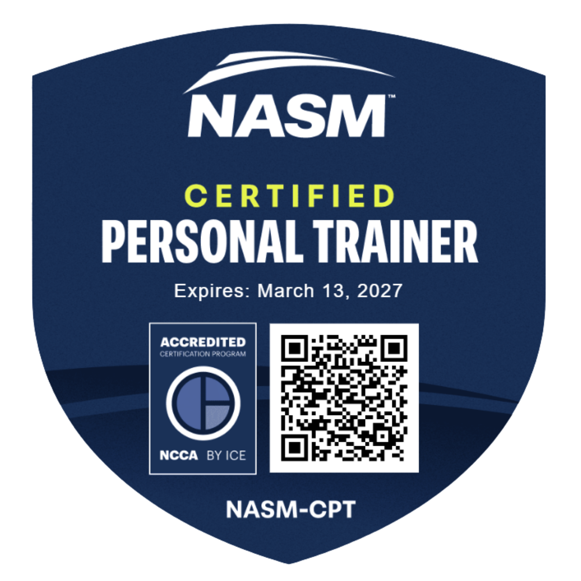 Badge from the National Academy of Sports Medicine showing Tim Earley's certification as a Personal Trainer.