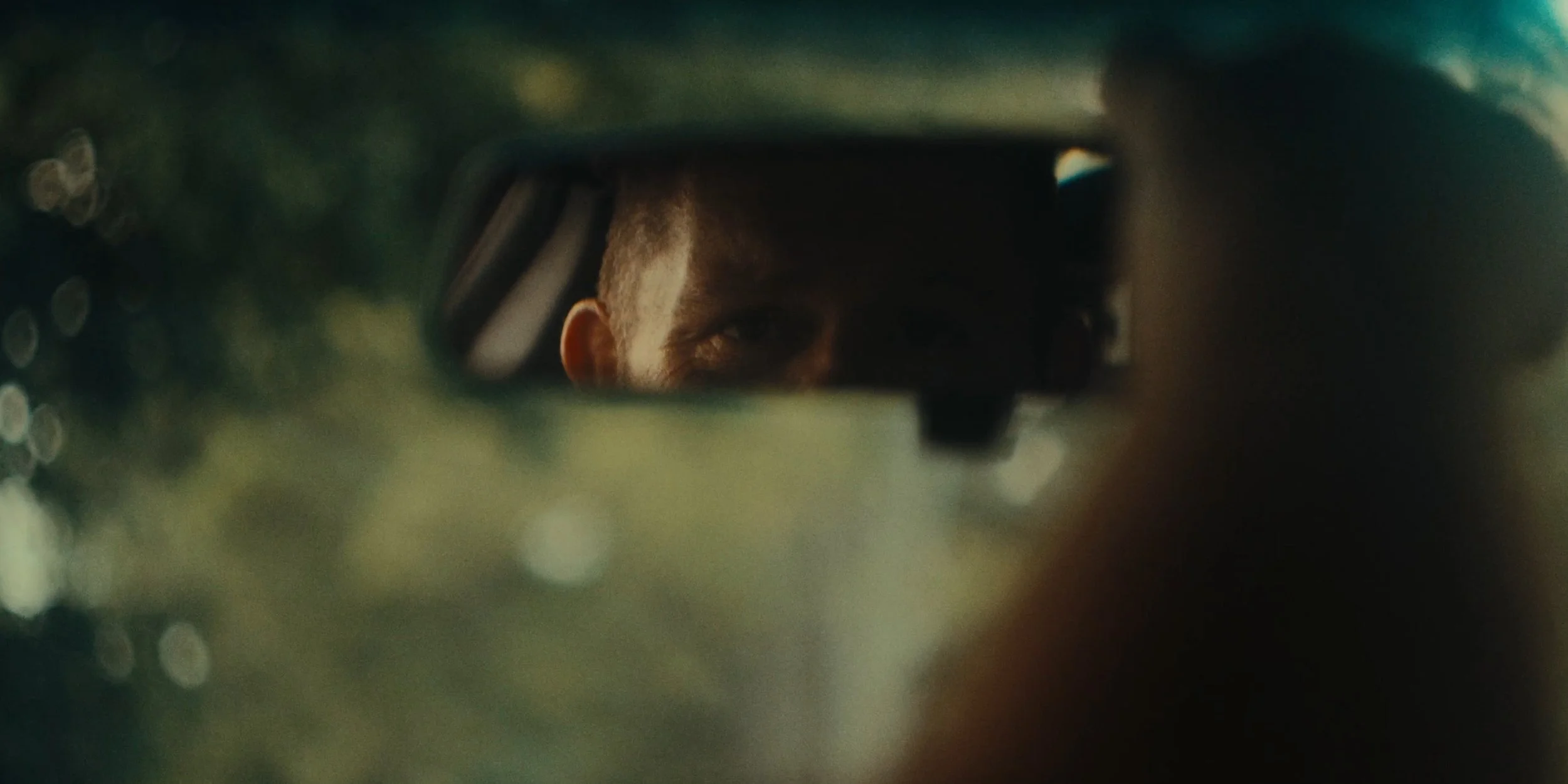 A person's face partially visible through a car's rearview mirror, with a focus on the eye, in an outdoor setting with greenery.