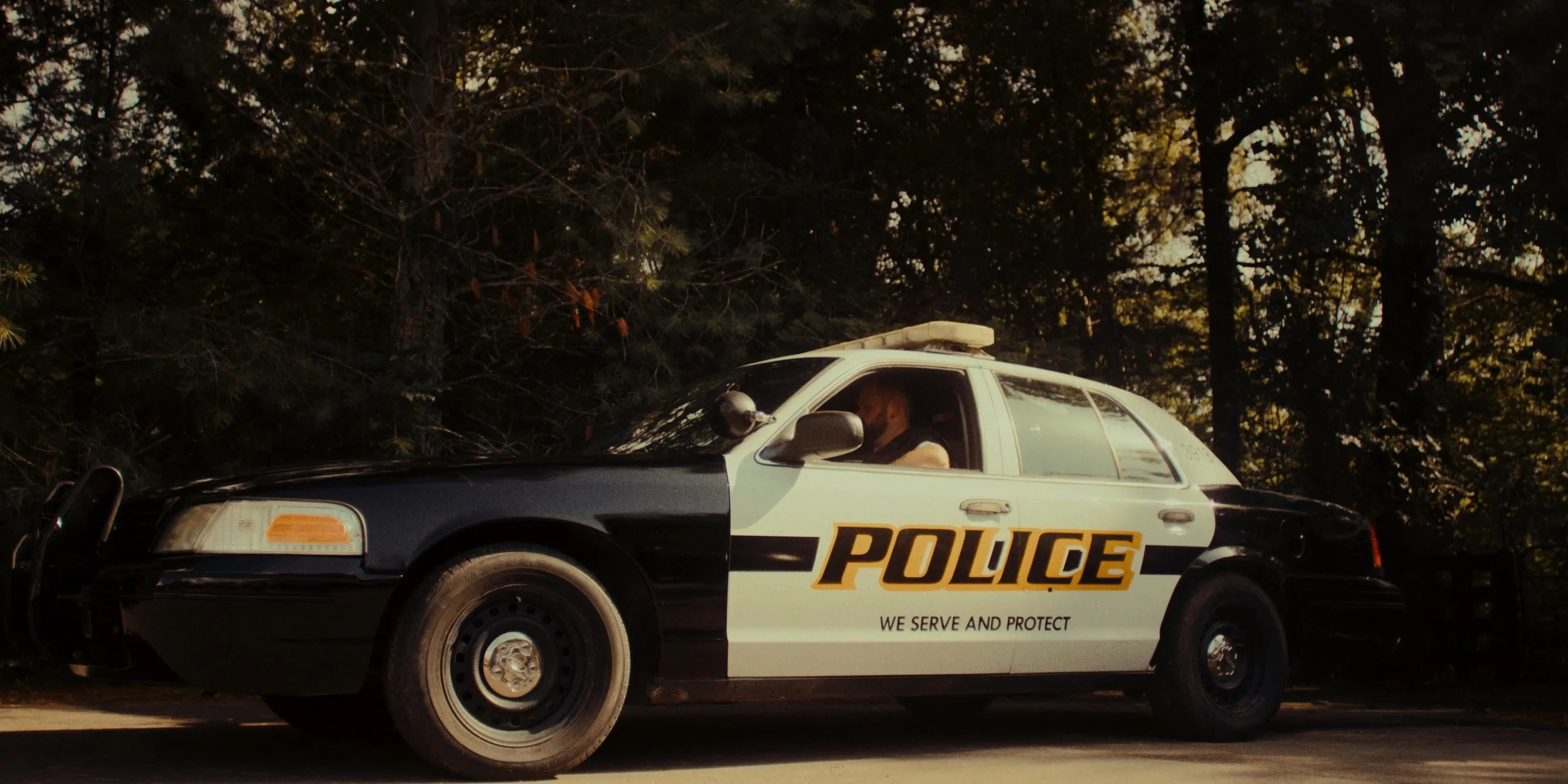 A police car parked on the side of the road with a forest in the background.