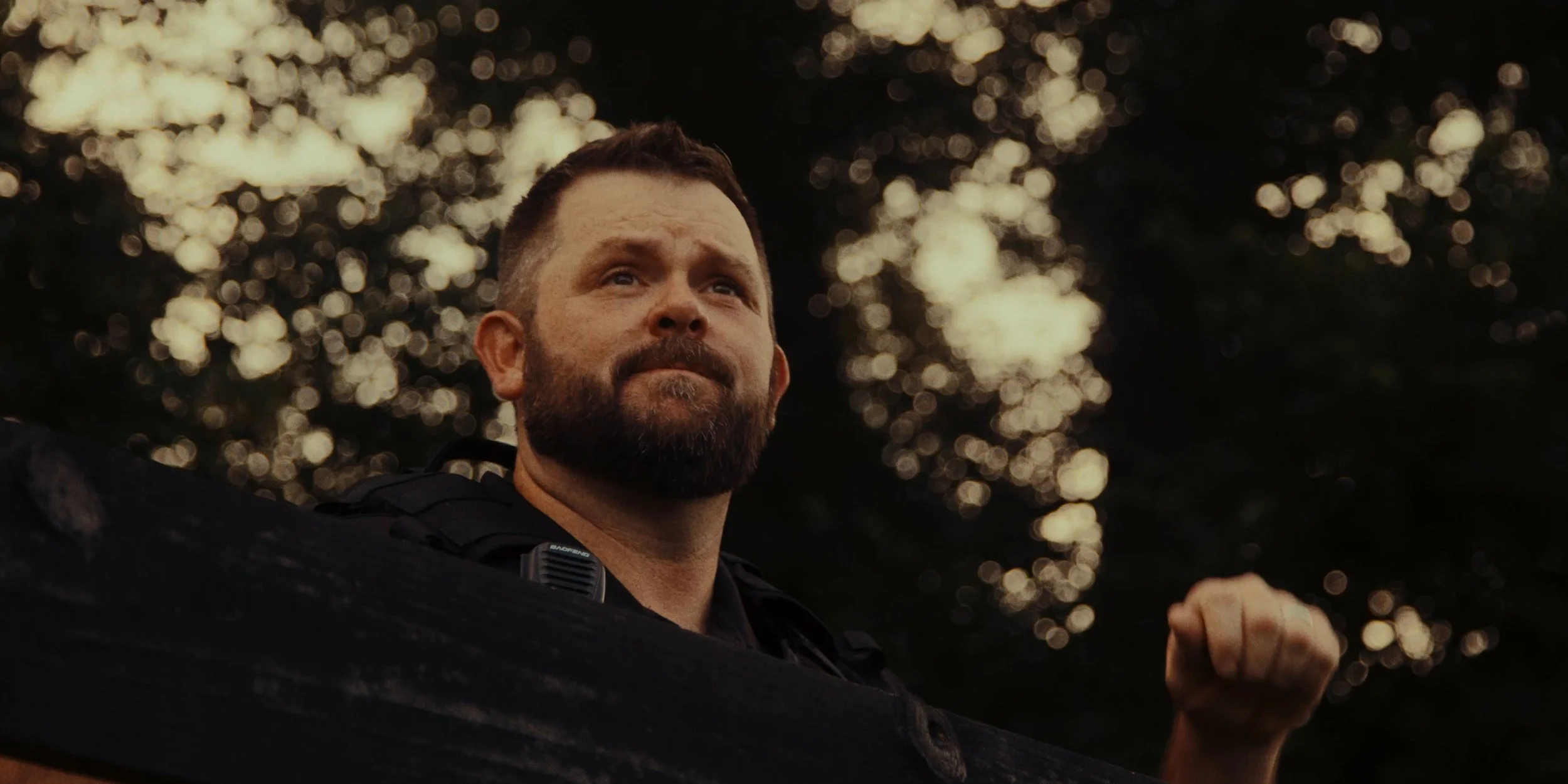 A bearded man with short hair and a serious expression, standing outdoors during sunset or twilight, with his arm bent and fist clenched, against a background of blurred trees and warm light.