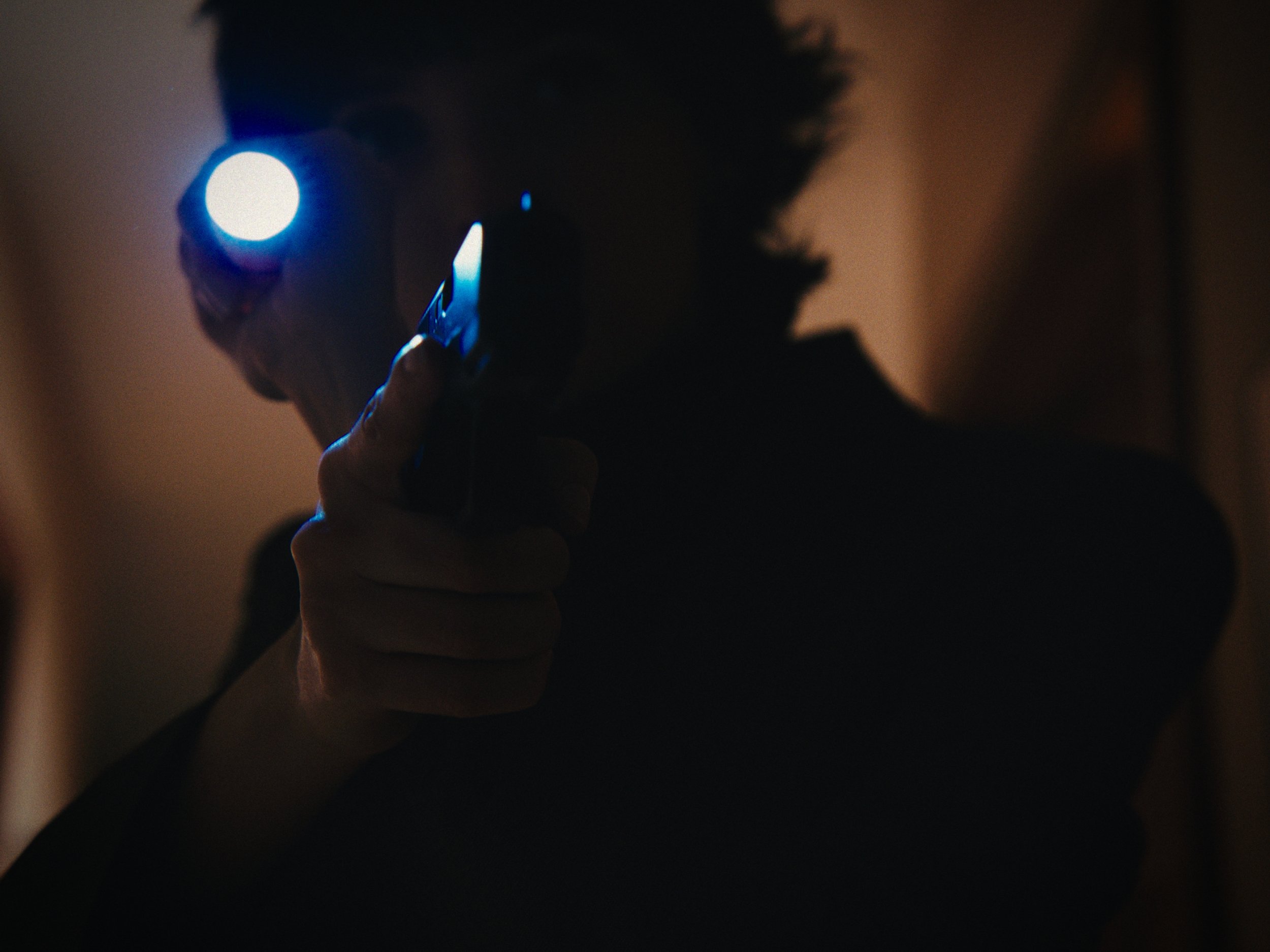 Person holding a gun with a flashlight, in a dark room.