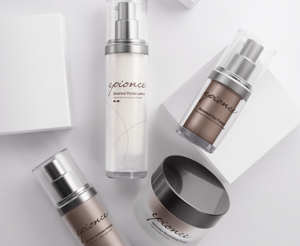 Skincare products including facial lotion, eye cream, serum, and nourishing cream on white background