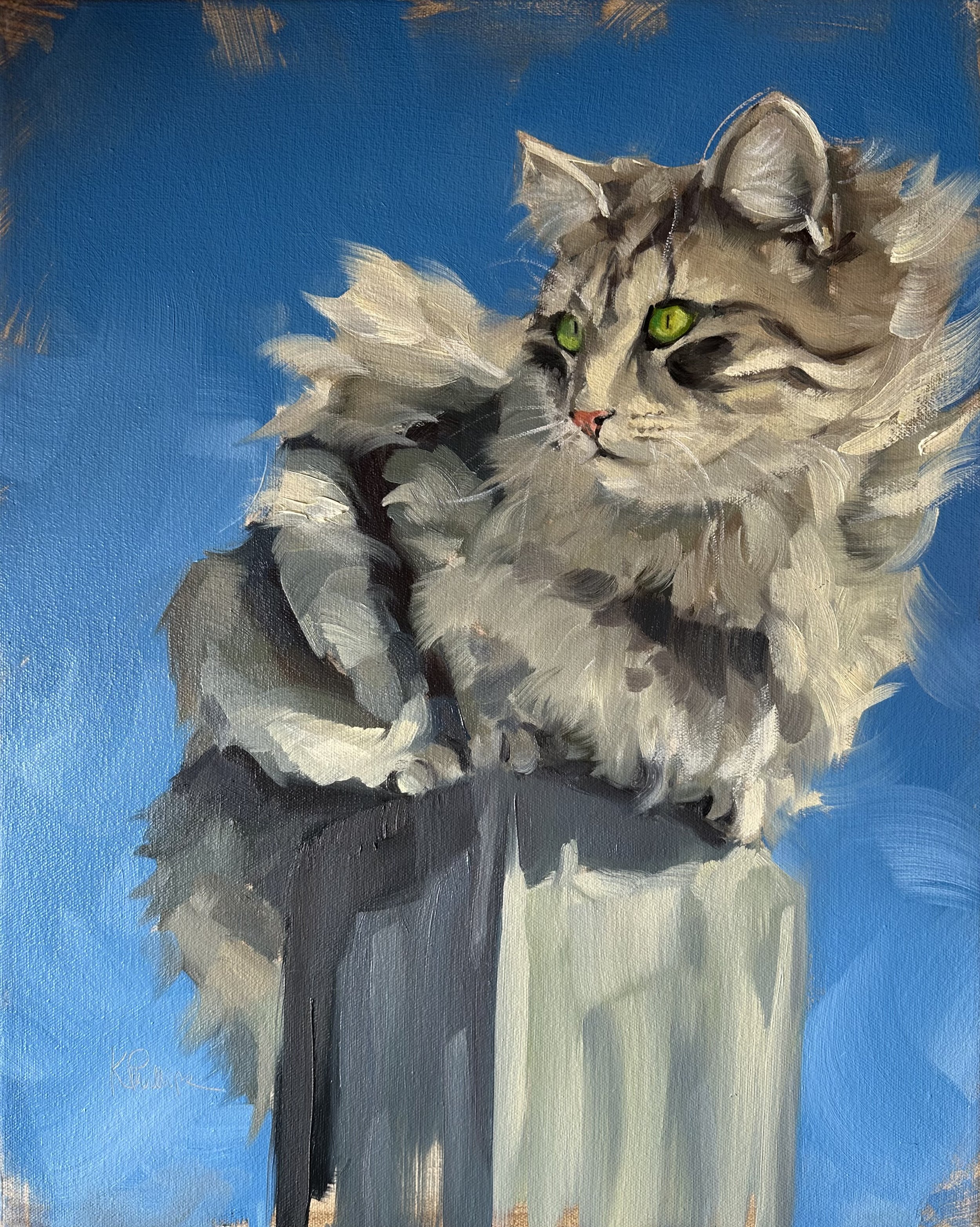 Painting of a long-haired gray and black tabby cat with piercing green eyes, perched on a black pedestal against a bright blue background.
