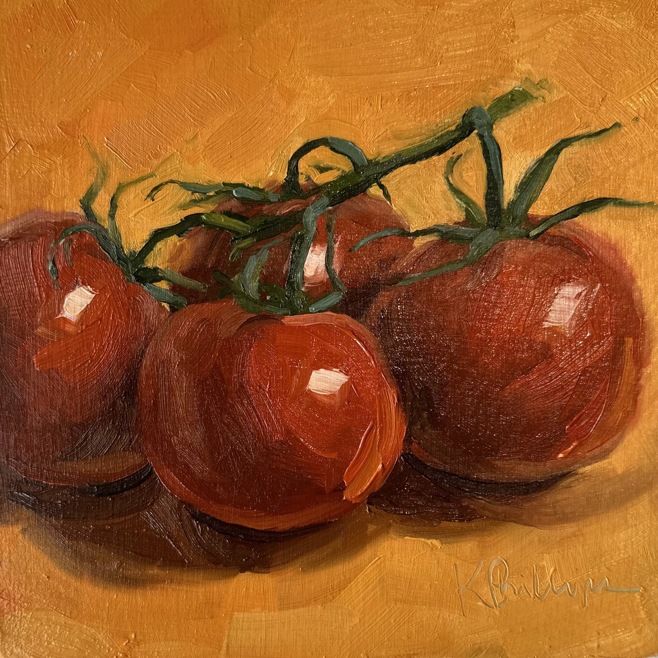 A still life painting of three red tomatoes with green stems on an orange background.