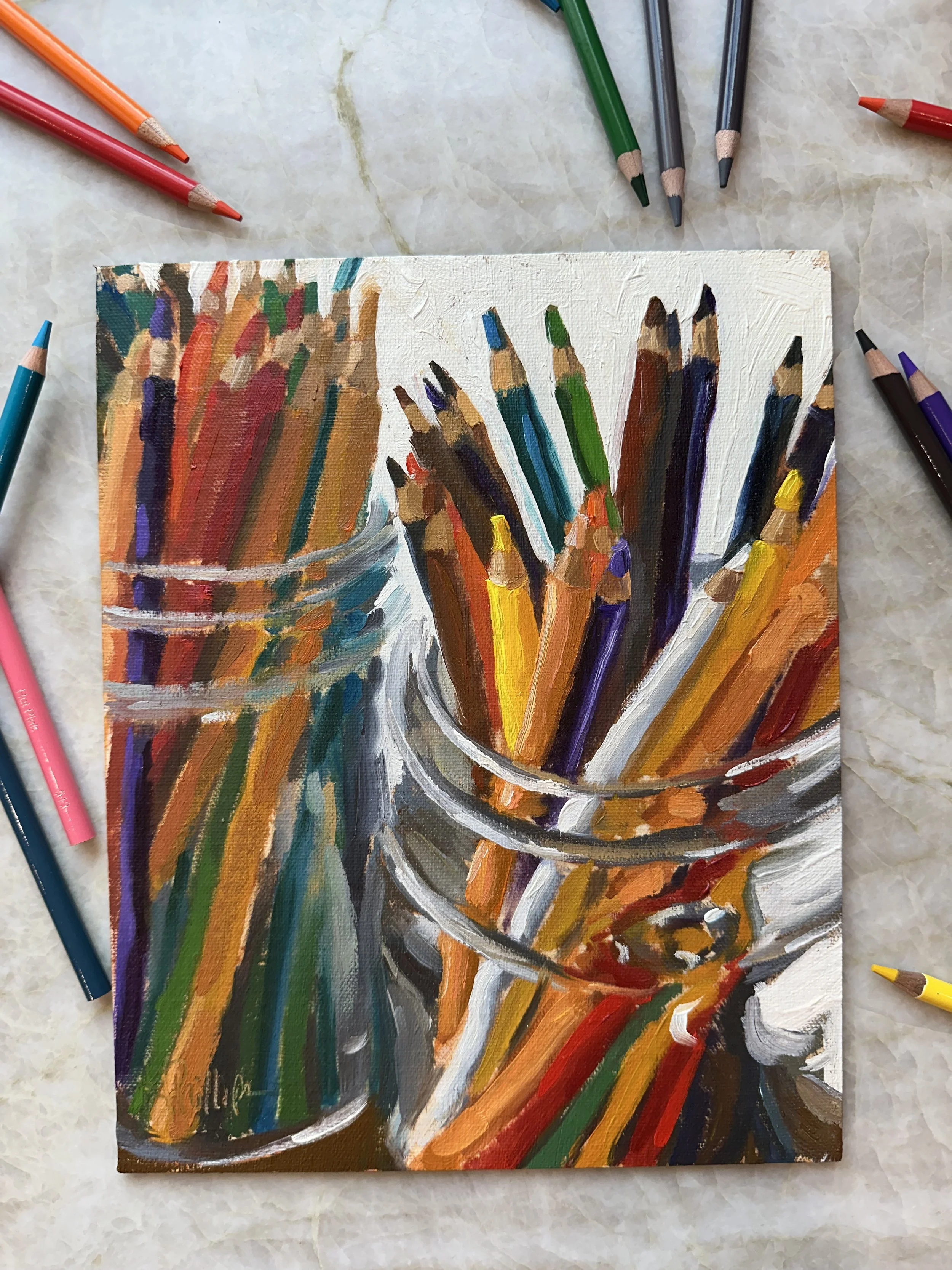 A painting of colored pencils in glasses, with additional colored pencils scattered around.