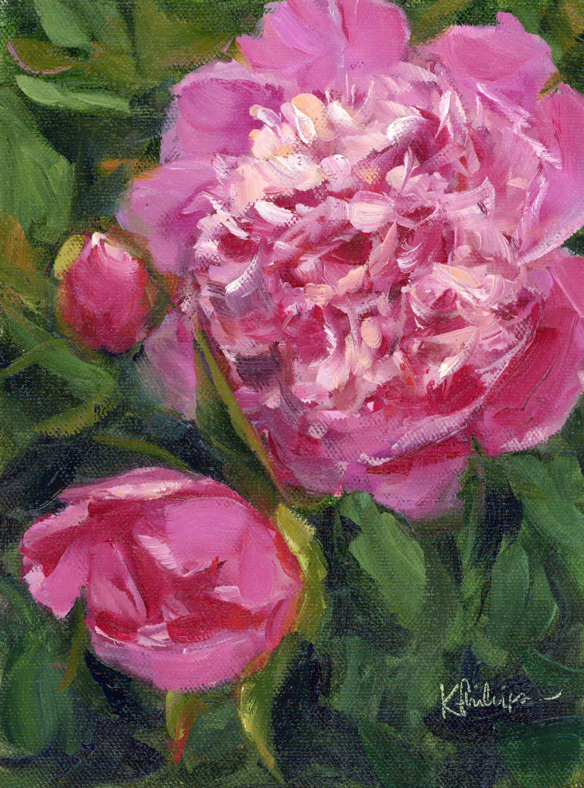 A vibrant painting of pink flowers, including a large peony and smaller buds, with green leaves in the background.