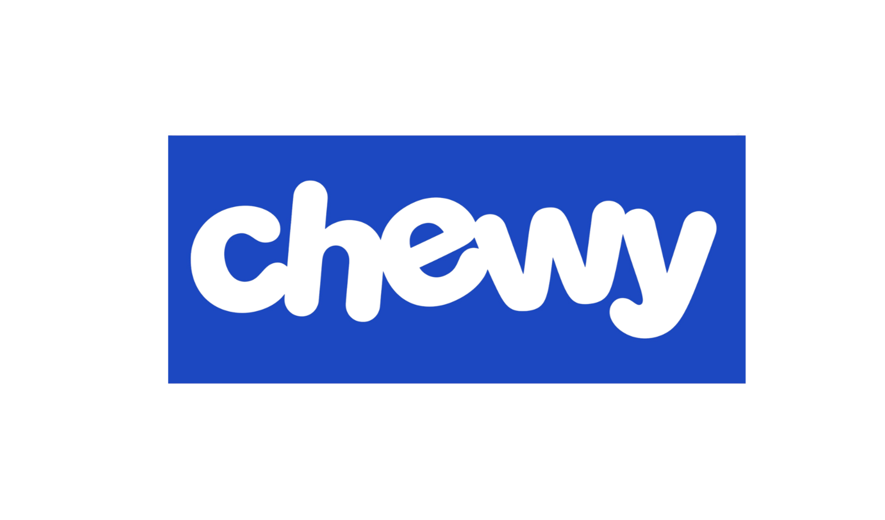 A blue rectangular logo with the word 'chewy' in black, bold, playful lowercase letters.