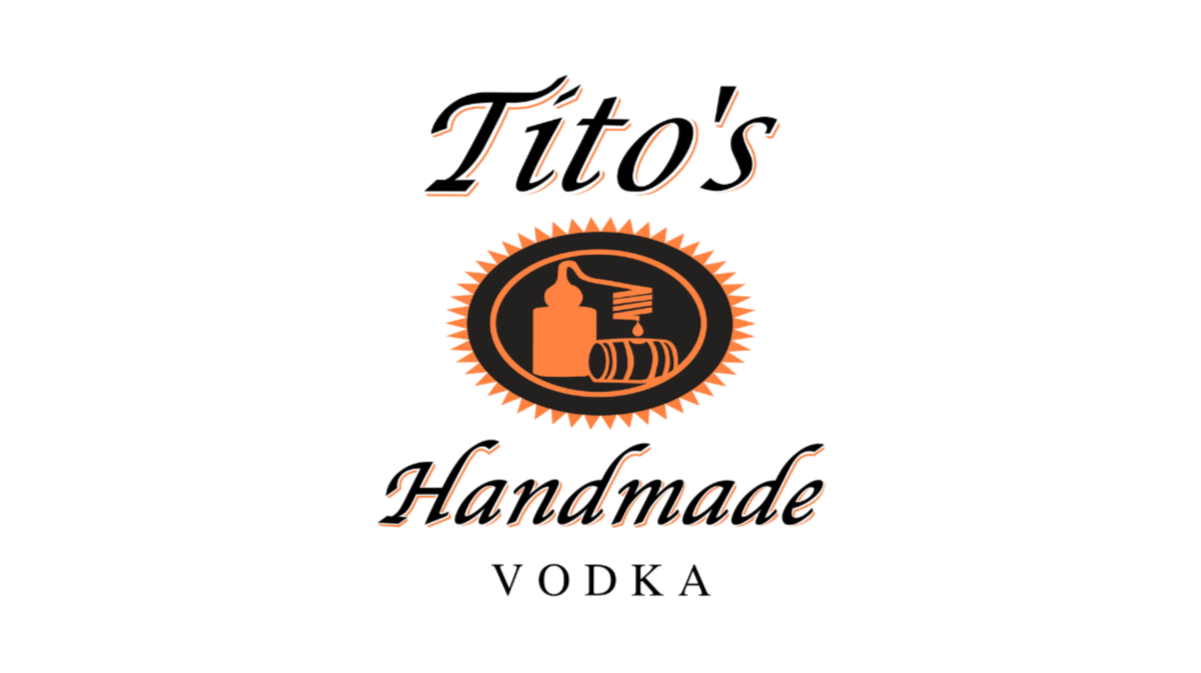 Logo with the text 'TITO'S HANDMADE VODKA' and an icon of a glue bottle, a spring, and a spool of thread at the center.