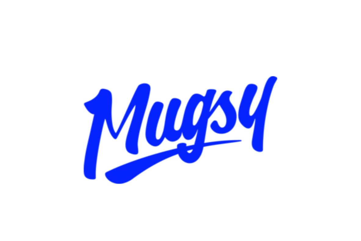 Blue cursive text on black background spelling out "Mugsy".