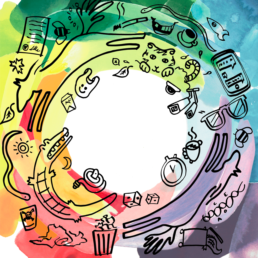 Hand drawn line art of animals and objects layered over a circular rainbow with an empty white space in the middle