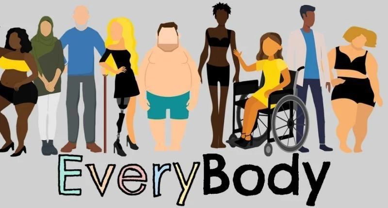 Illustration of diverse people with different body types, abilities, and appearances, with the word "Everybody" at the bottom.