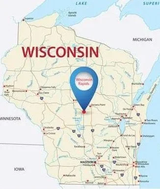 Map of Wisconsin highlighting Wisconsin Rapids with a blue location marker.