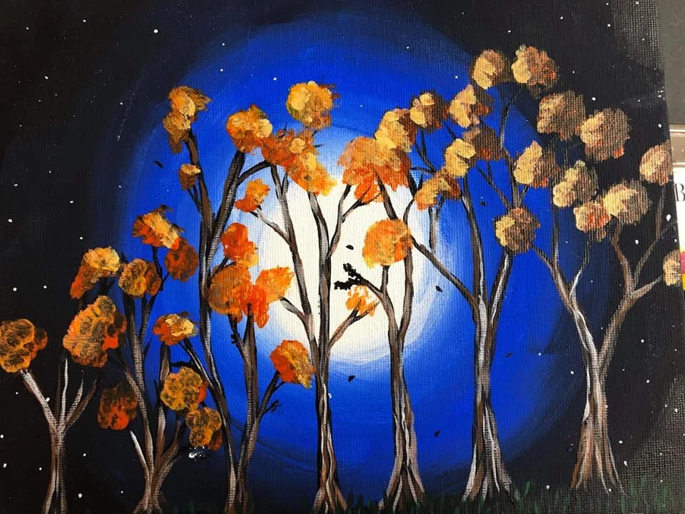 A painting of a group of tall trees with orange and yellow leaves against a blue sky with a full moon and stars.