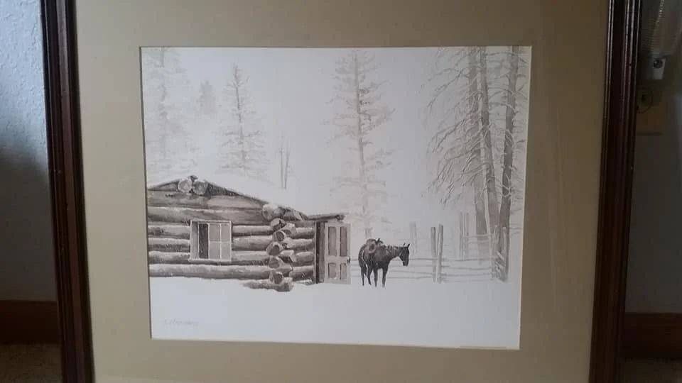 A painting of a winter scene with a rustic log cabin, a horse, and snow-covered trees.