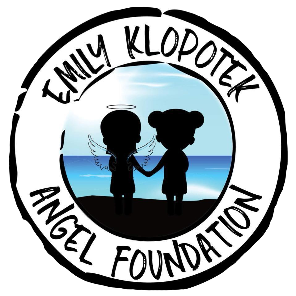Logo of the Emily Klopotek Angel Foundation featuring two cartoon children holding hands by the sea, one with angel wings and a halo, the other with bear ears, with the foundation's name encircling them.