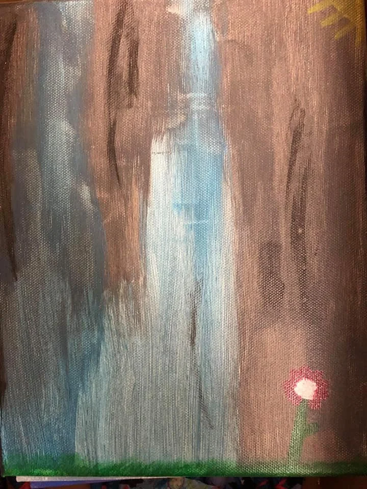 Abstract painting of a waterfall with a pink flower and green grass at the base.