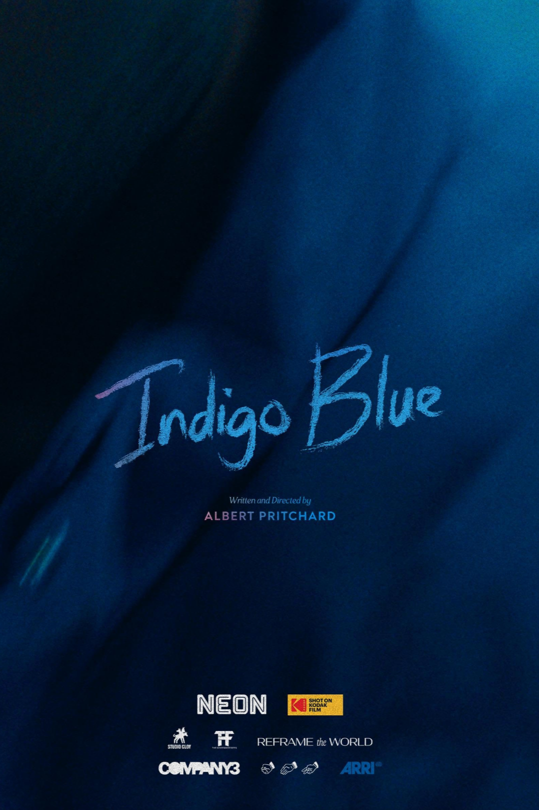 Book cover for 'Indigo Blue' by Albert Pritchard with a dark blue background and various sponsor logos at the bottom.