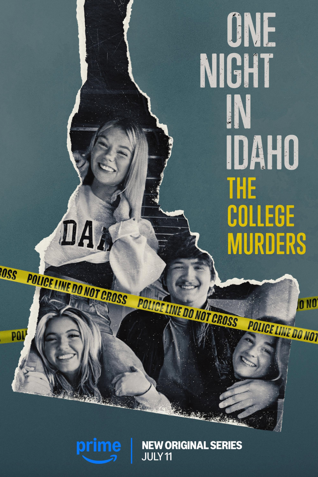 A promotional poster for the Amazon Prime series 'One Night in Idaho: The College Murders' featuring a collage of four smiling college-aged students with police crime scene tape across the bottom, and the series release date July 11.