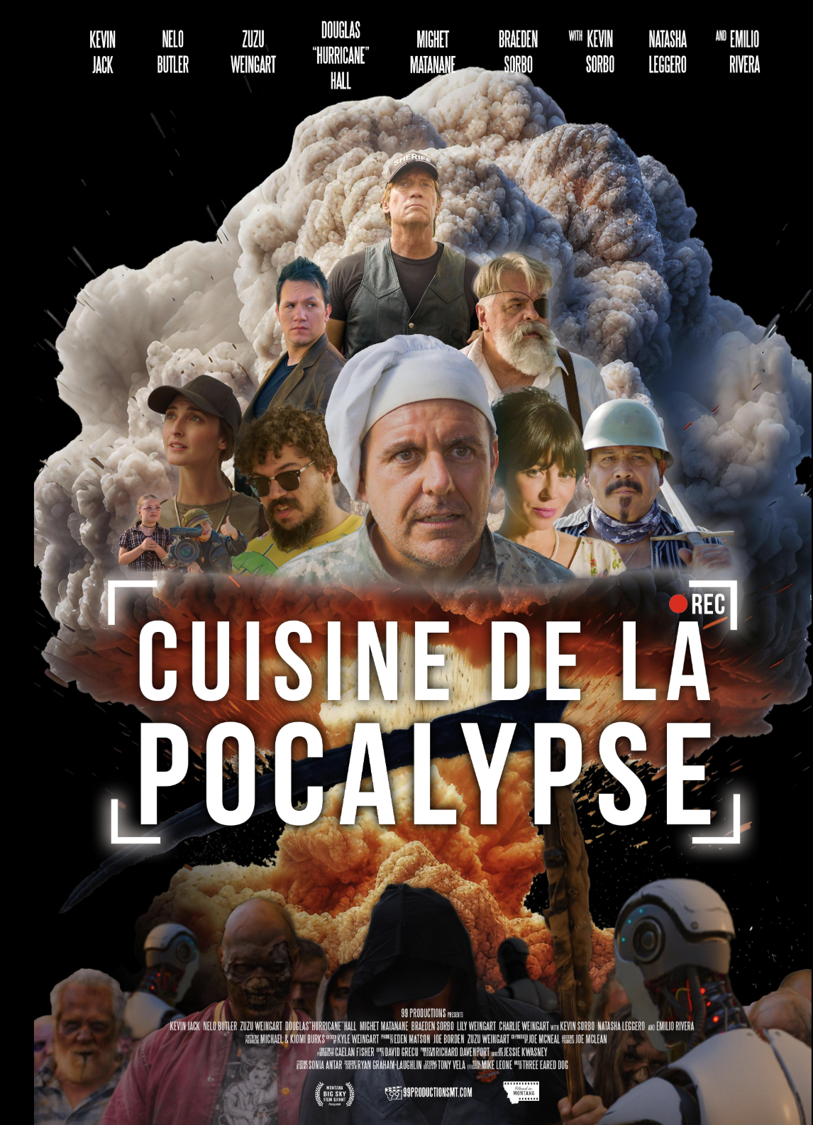Movie poster for "Cuisine de la Pocalypse" featuring characters amidst explosions and chaos, with a backdrop of nuclear mushroom clouds and a dark sky. Includes a central figure in a chef's hat, military personnel, and others in various costumes.