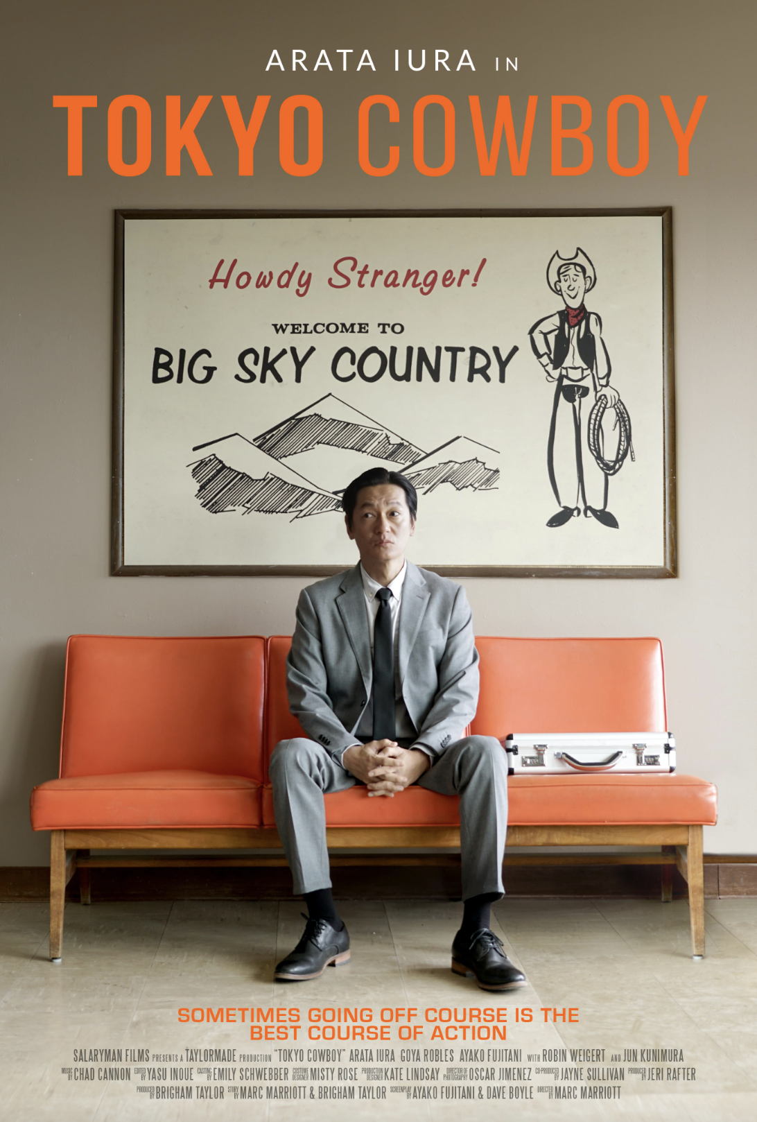 Poster for the movie Tokyo Cowboy featuring Arata Iura, with a man in a gray suit sitting on an orange bench in front of a framed drawing of mountains and cowboy figure, with the tagline 'Sometimes going off course is the best course of action'.