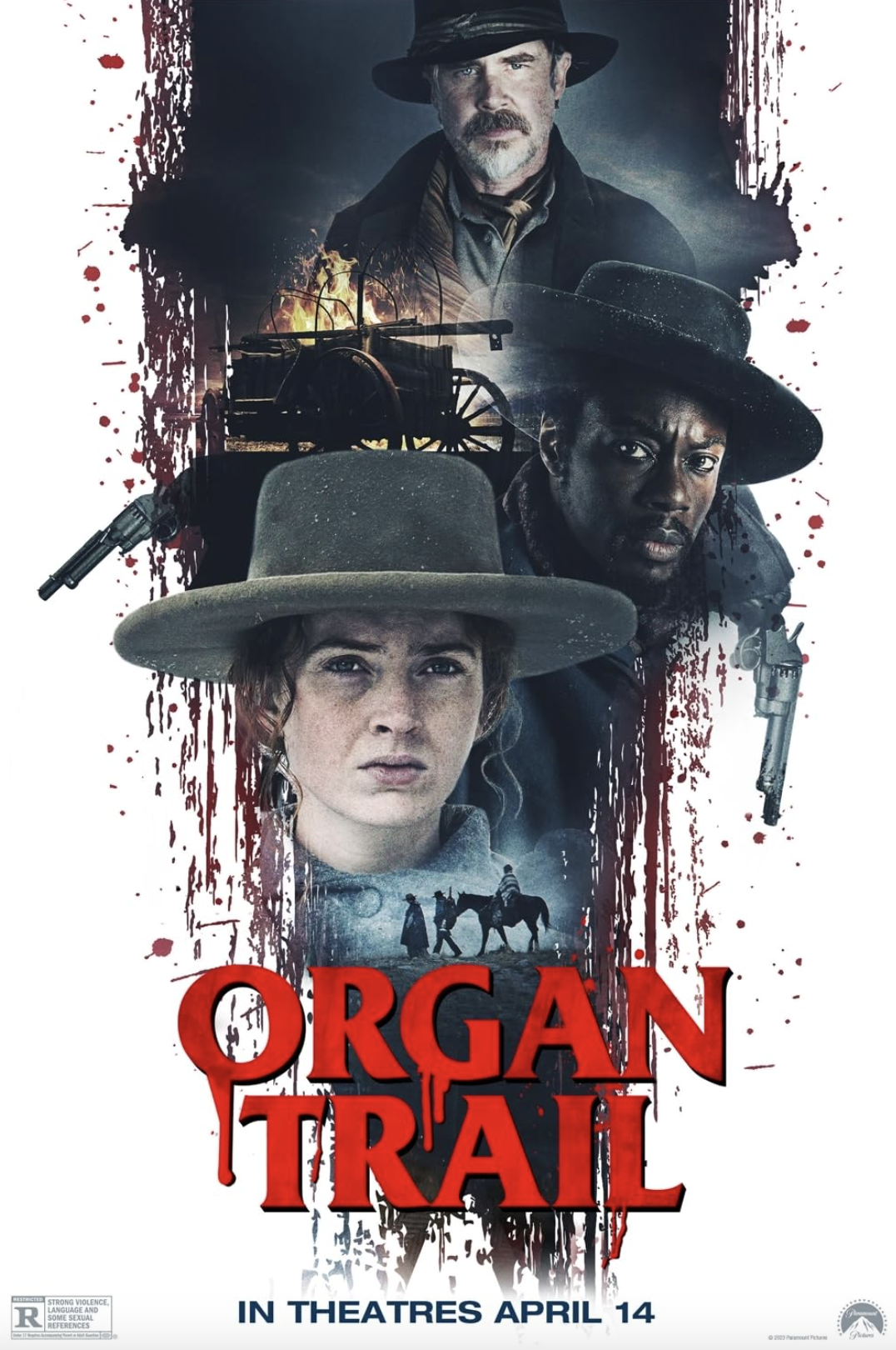 Movie poster for "Organ Trail" featuring three characters in period clothing with hats and guns, trees, a wagon on fire, and a ghostly figure of a person on a horse in the background. The title "Organ Trail" is in bold red letters, with the tagline "