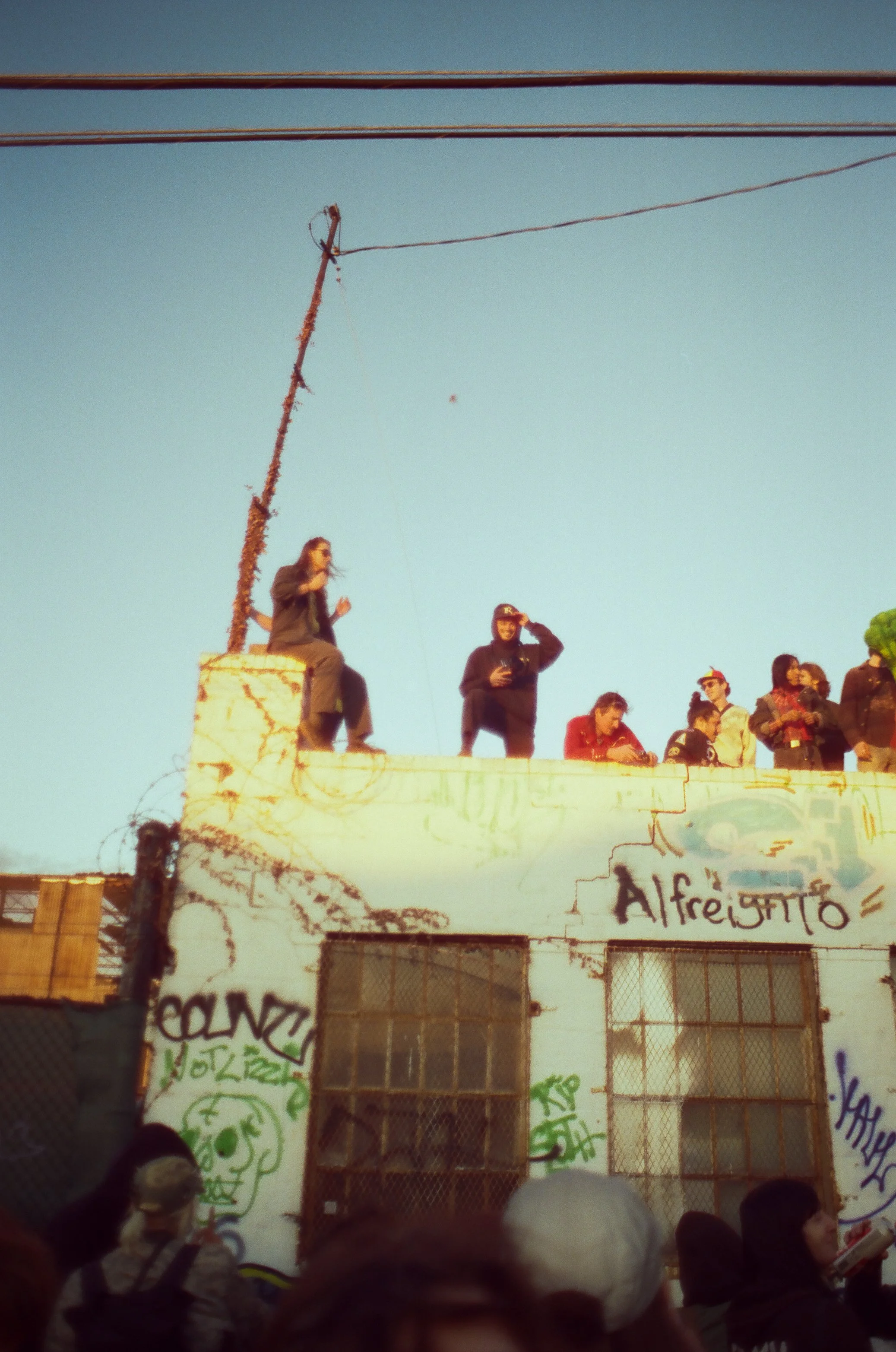 People standing on a graffiti-covered rooftop with power lines and clear sky background.