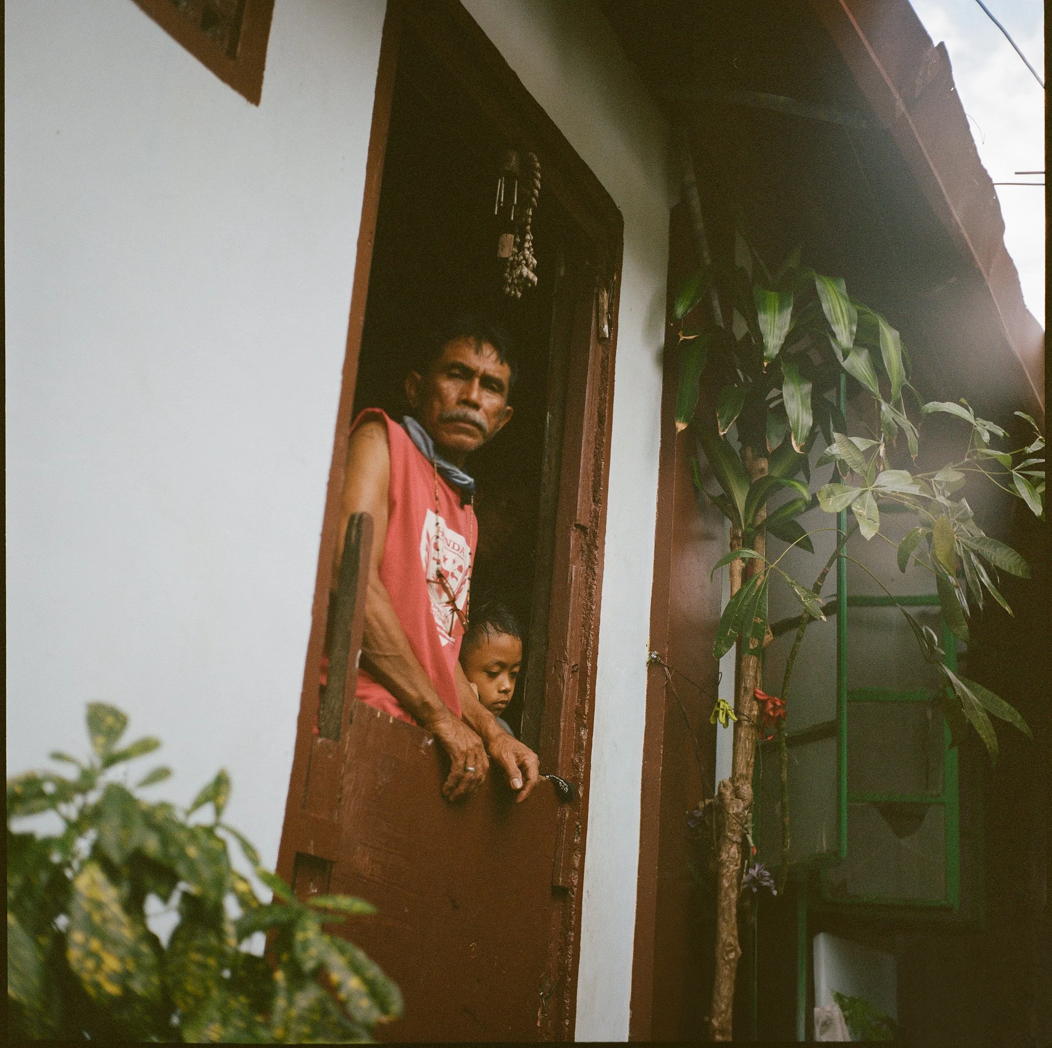 An elderly man and a young boy leaning out of a window of a house, surrounded by plants.