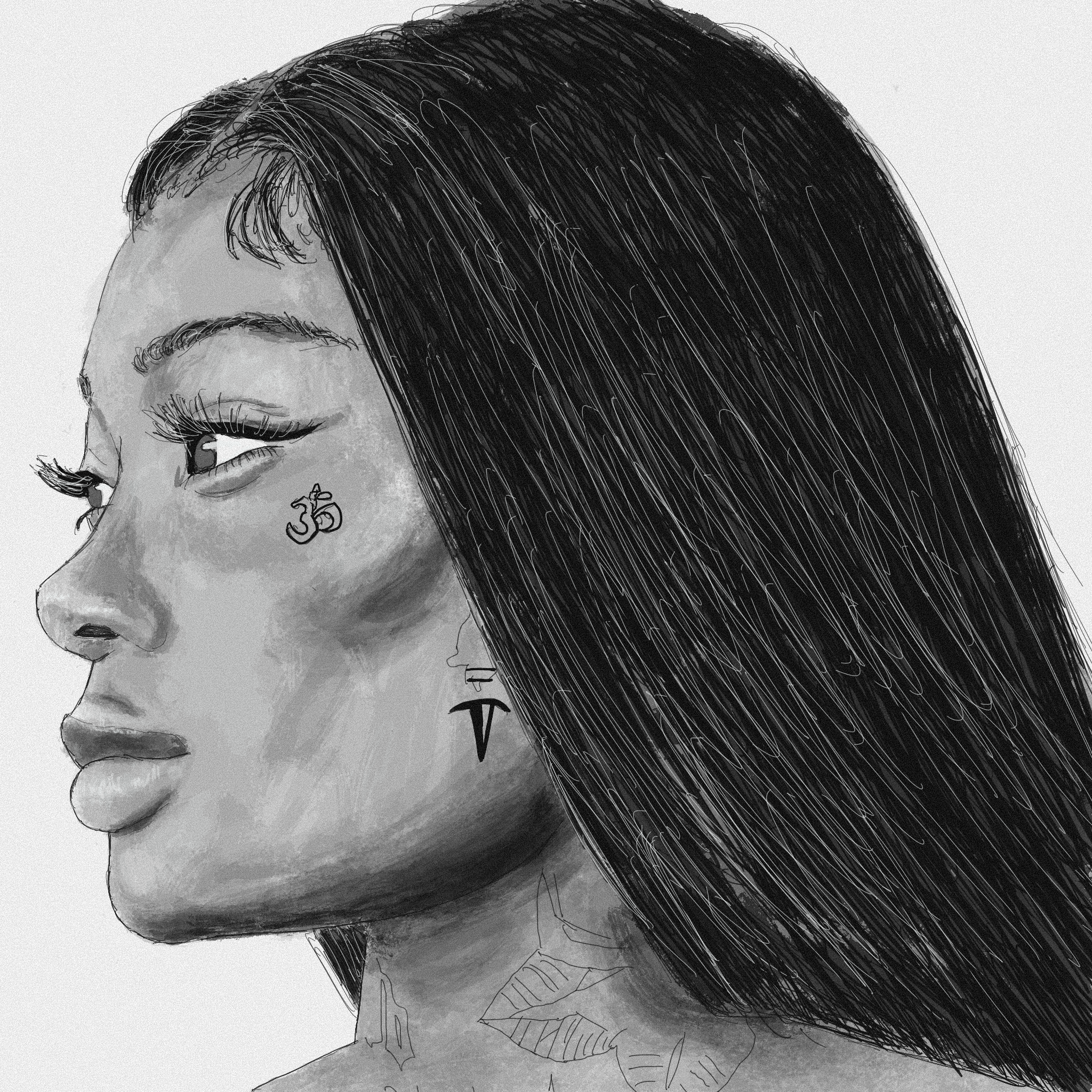 Black and white illustration of Summer Walker with long hair, multiple tattoos on her face and neck, and a calm expression, facing left.