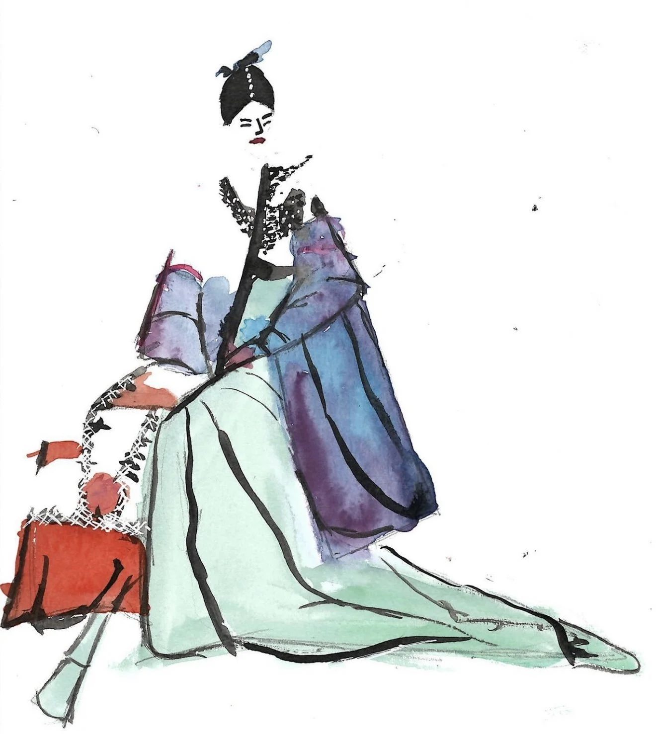 Watercolor illustration of a woman in traditional Asian attire, sitting on the ground with a red bag.