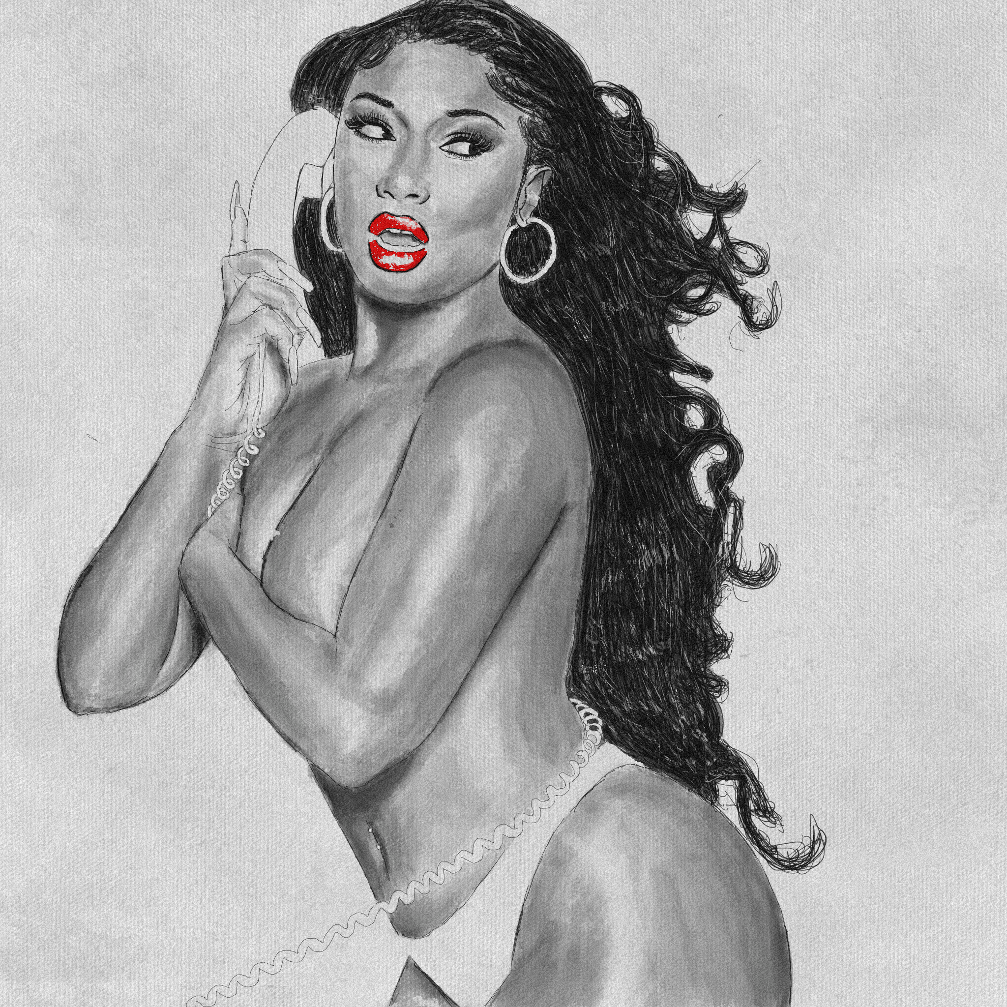 A black-and-white illustration of Megan Thee Stallion talking on a phone, with red lips and large hoop earrings, topless with long wavy hair.