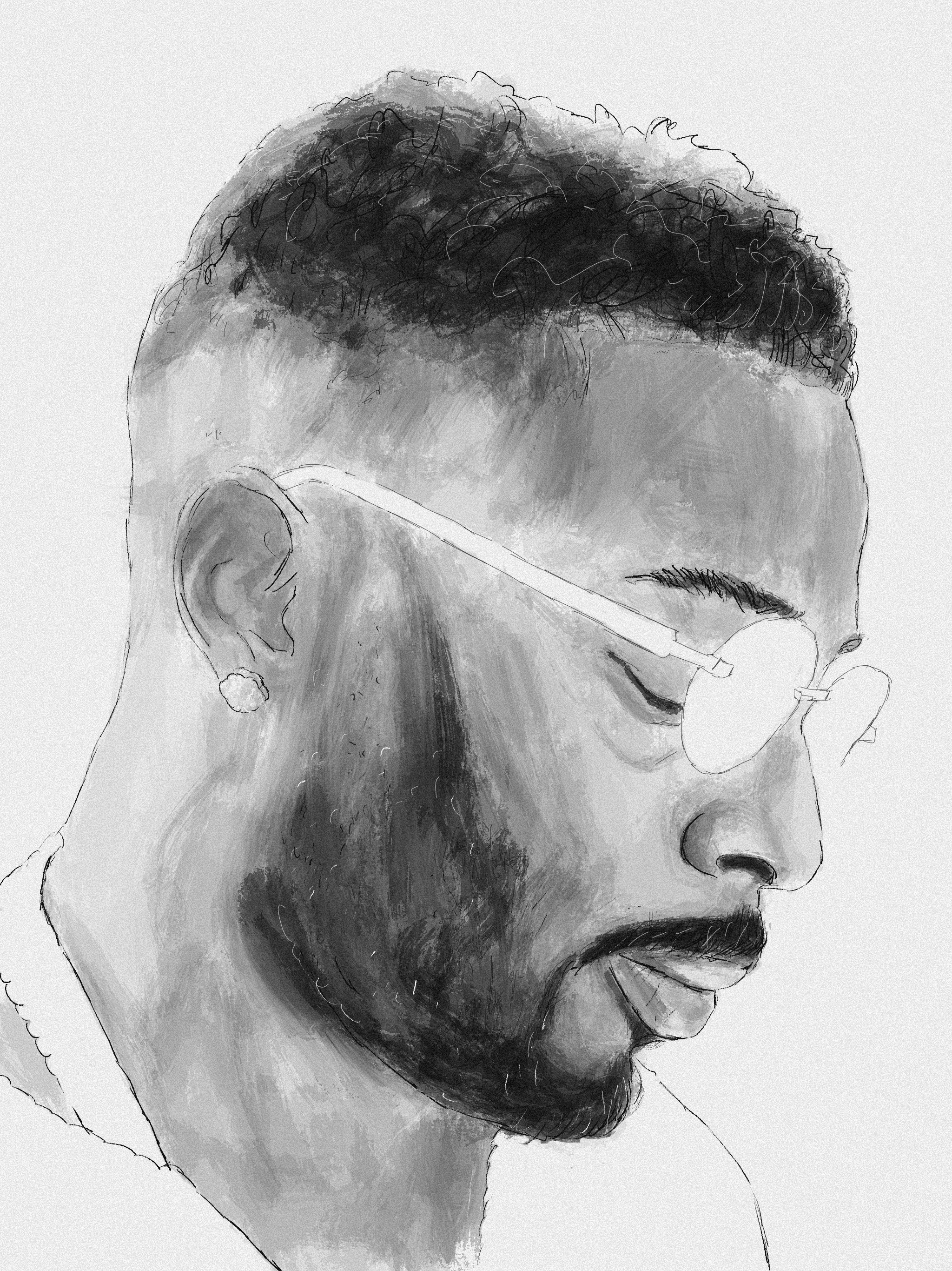 Black and white illustration of Isaiah Rashad with a beard and styled hair, wearing glasses and earrings, looking downward.