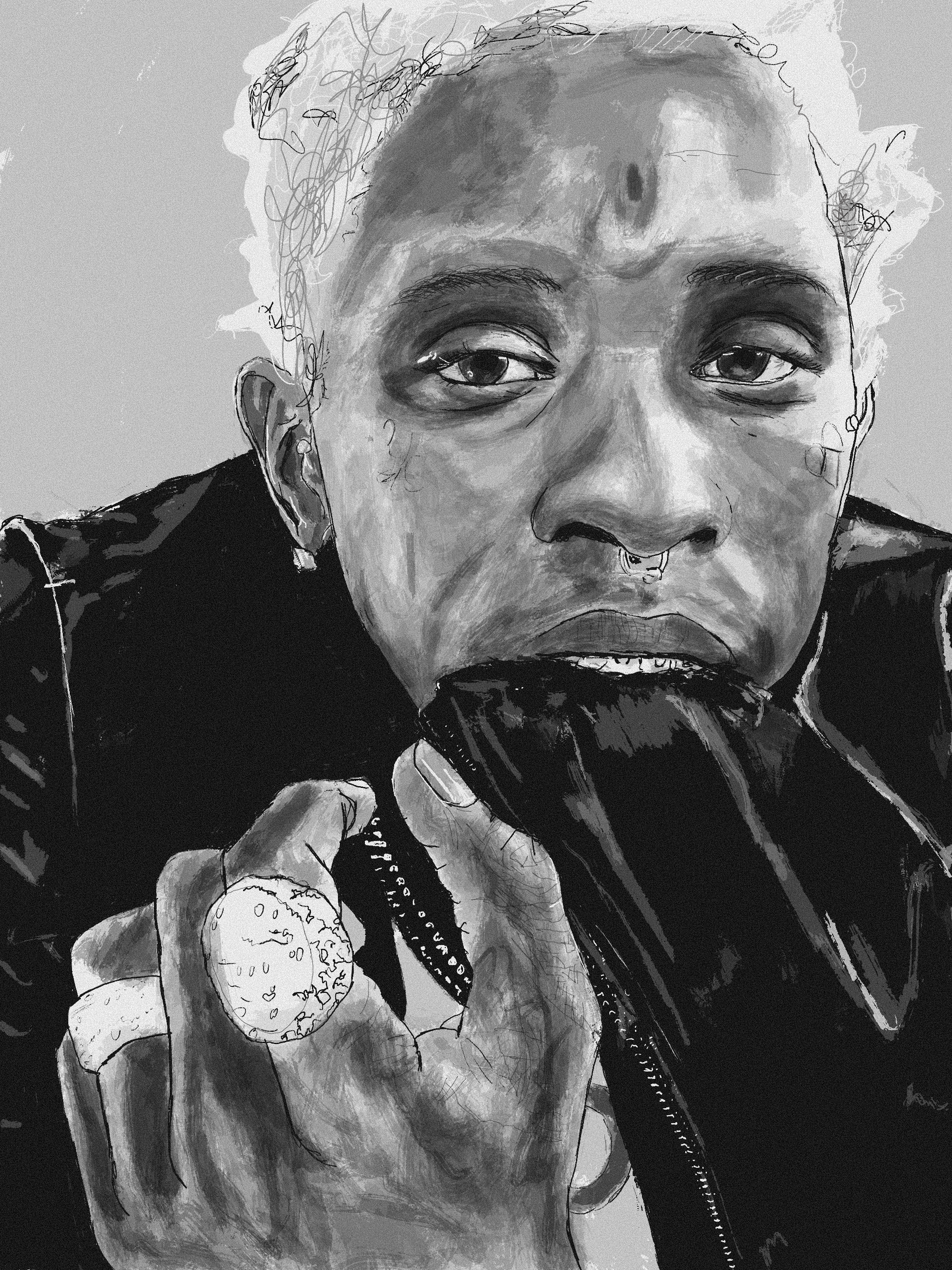 Black and white digital portrait of Young Thug with blonde dreads, a septum piercing, and tattoos, holding a zipper close to their mouth, with intense eyes and a serious expression.