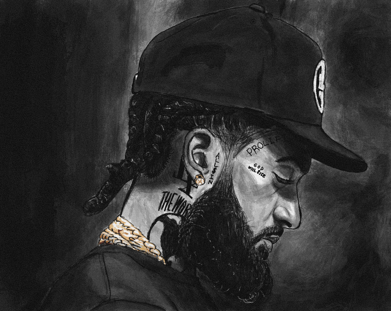 Black and white portrait of Nipsey Hussle in profile wearing a cap, with tattoos on his neck and face, and a gold chain around his neck.