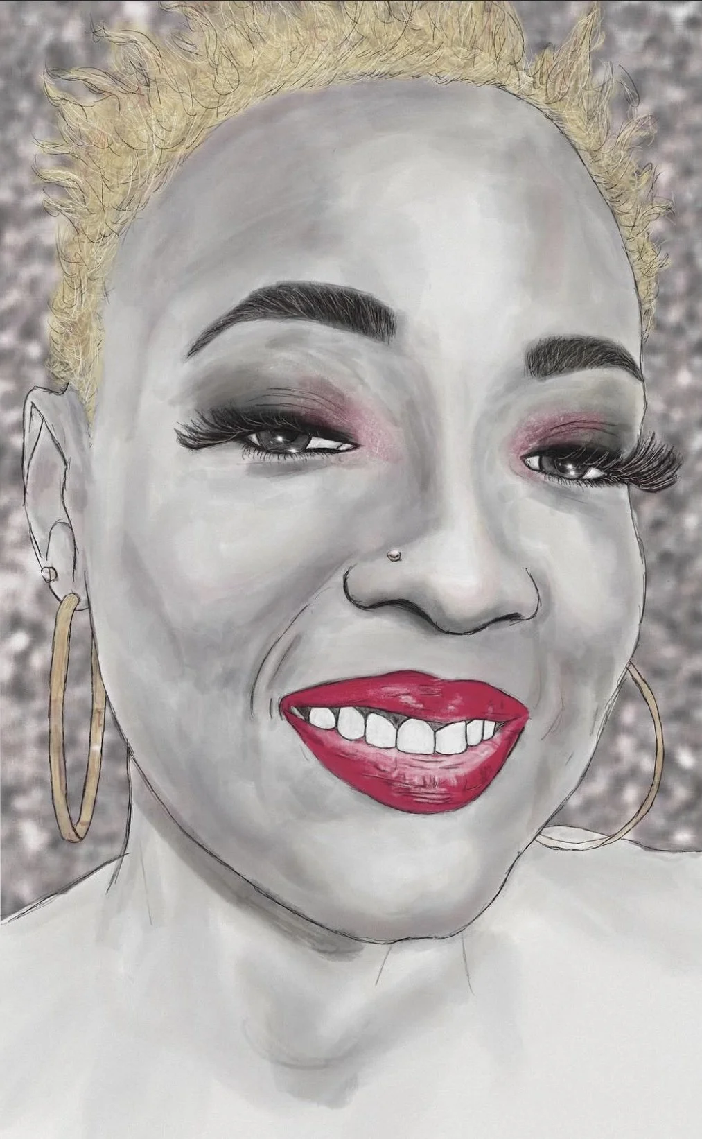 Close-up of a woman with blonde hair, makeup, and gold hoop earrings, smiling with visible teeth, against a textured background.