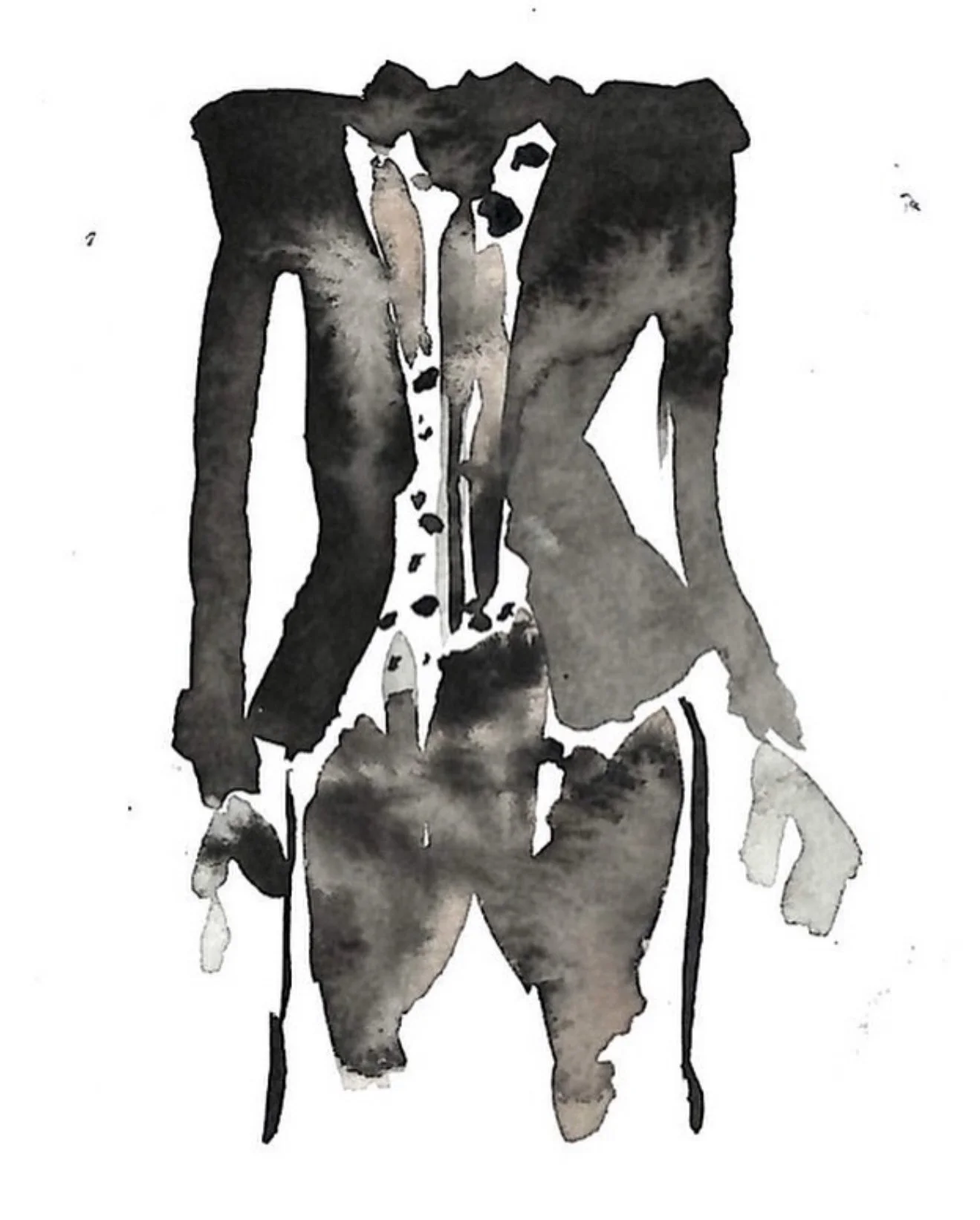 A black and white watercolor-style fashion illustration of a model in a standing pose.