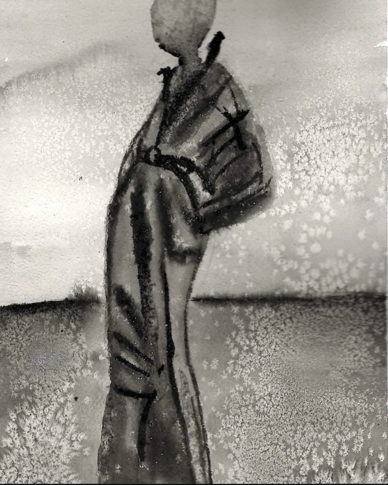 Black and white drawing of a person standing beside a golf course, wearing a striped shirt and pair of pants.