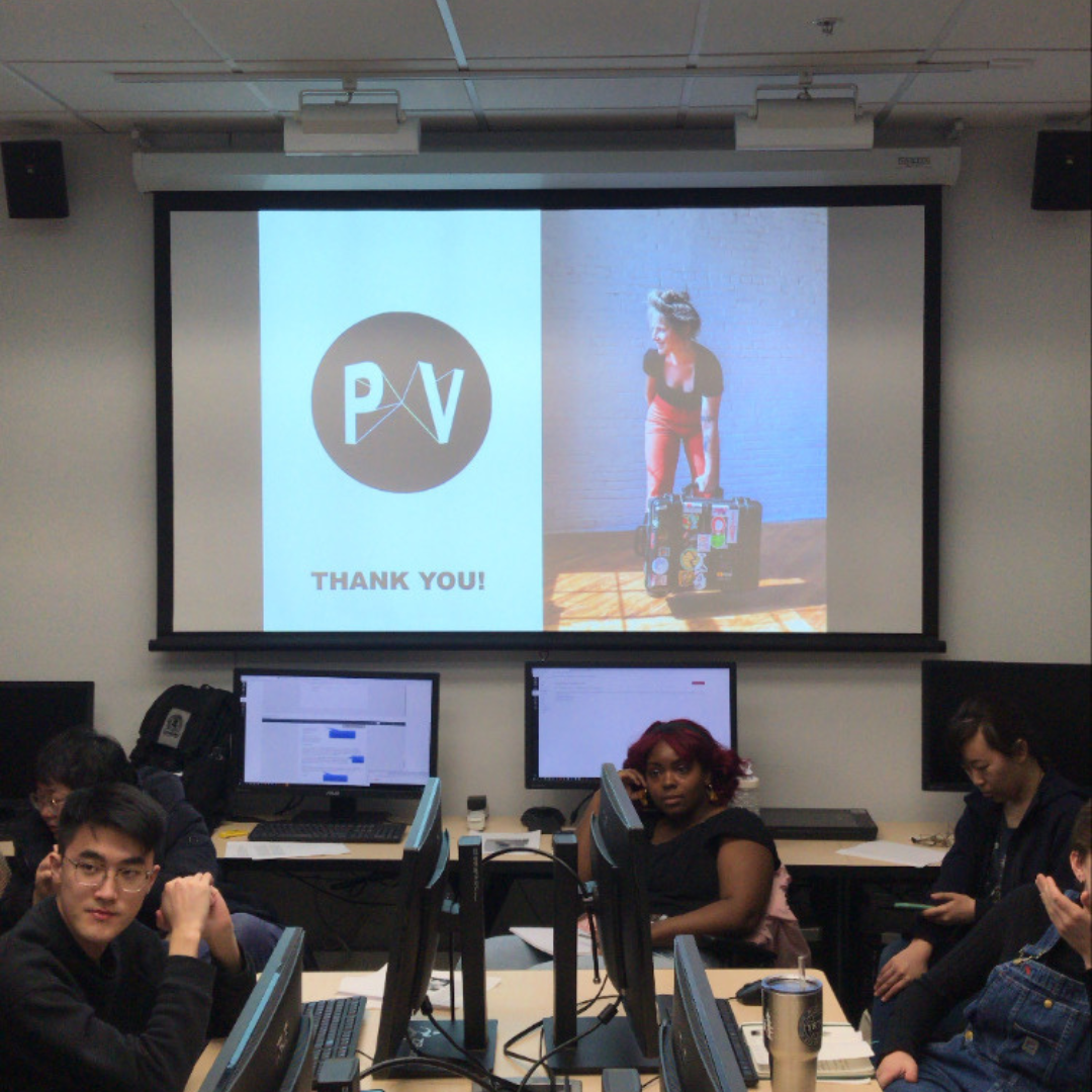 Sarah Rachel Brown lecturing as a Visiting Artist at Tyler School of Art, speaking to students about professional practices and creative careers.