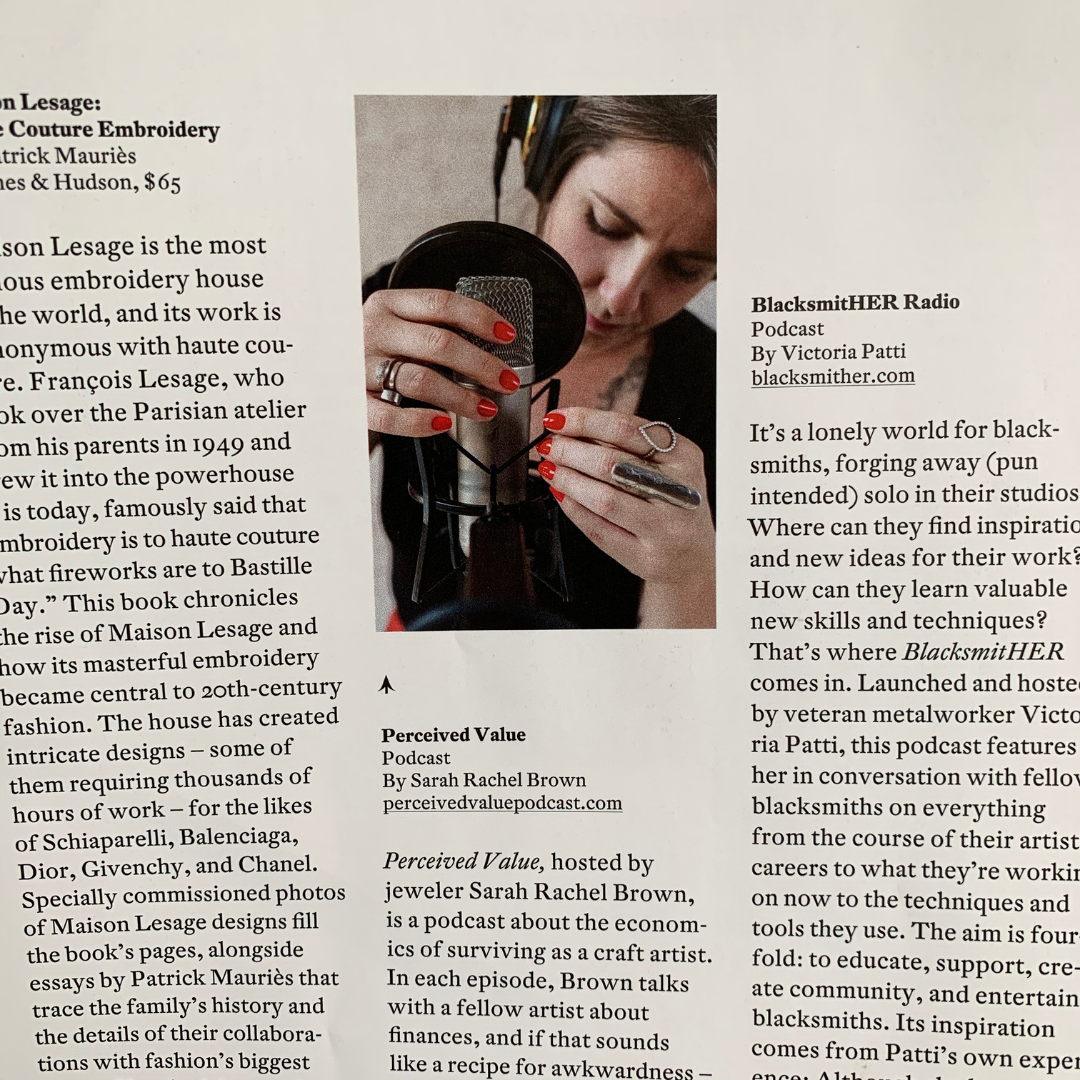 Magazine page from American Craft Magazine featuring Sarah Rachel Brown’s Perceived Value Podcast as a valuable resource for artists and creatives.