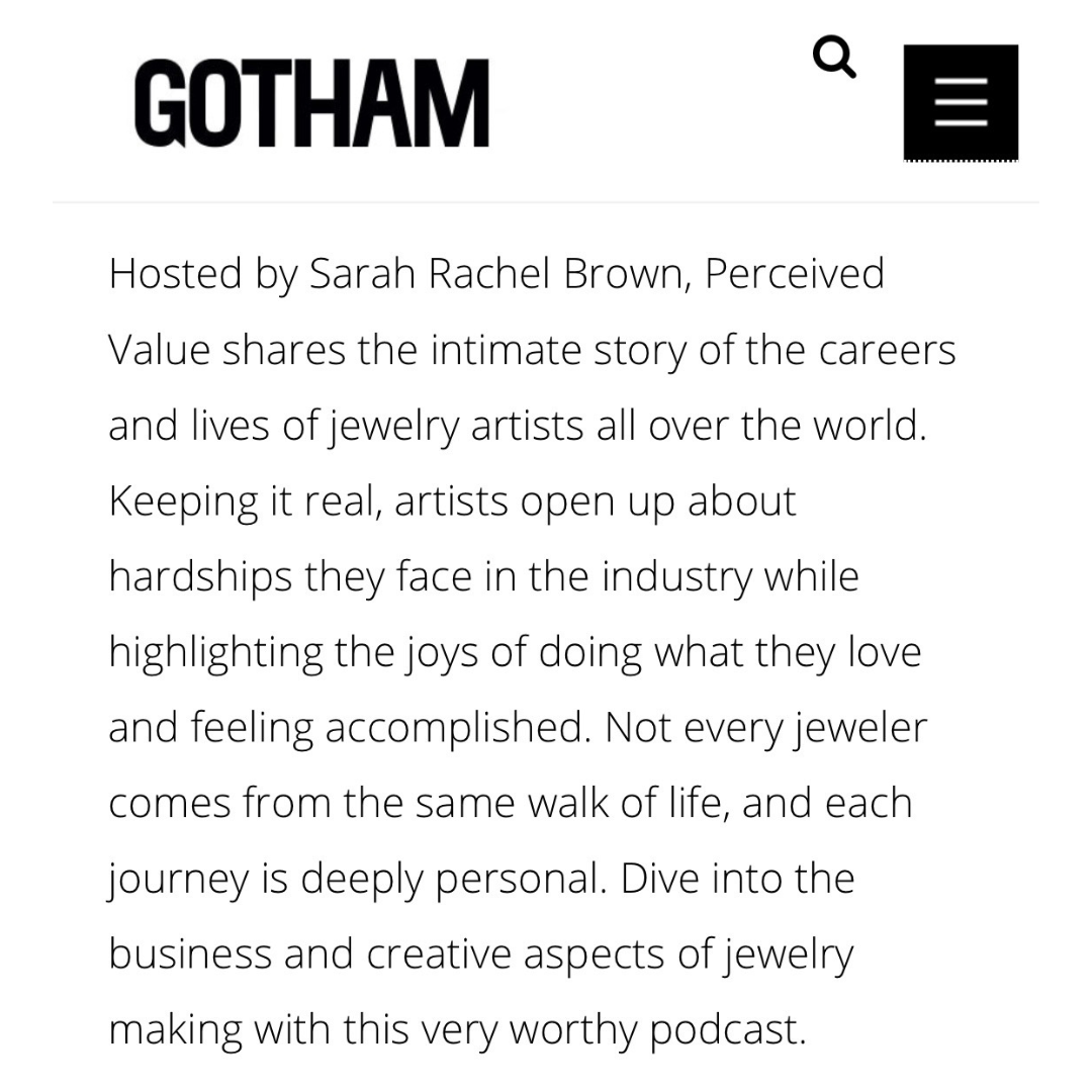 Gotham Magazine cover and article titled “8 Jewelry Podcasts That Make the Perfect Accessory,” featuring Sarah Rachel Brown’s Perceived Value Podcast.
