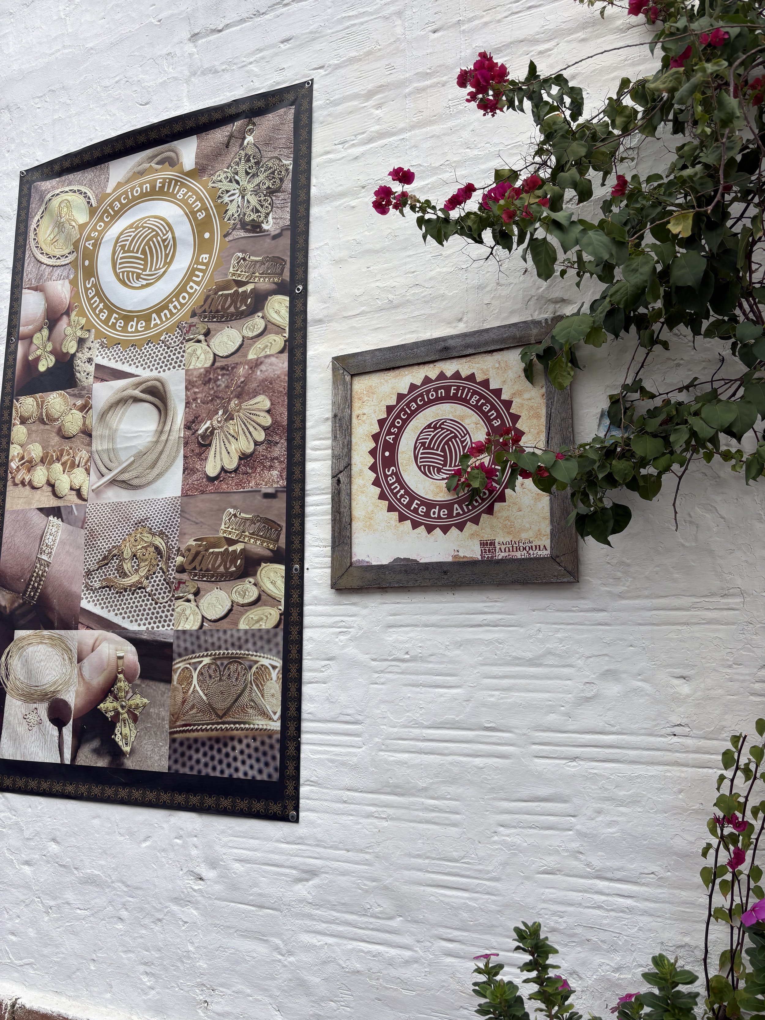 Framed filigree jewelry exhibit posters on a white brick wall, surrounded by blooming bougainvillea.