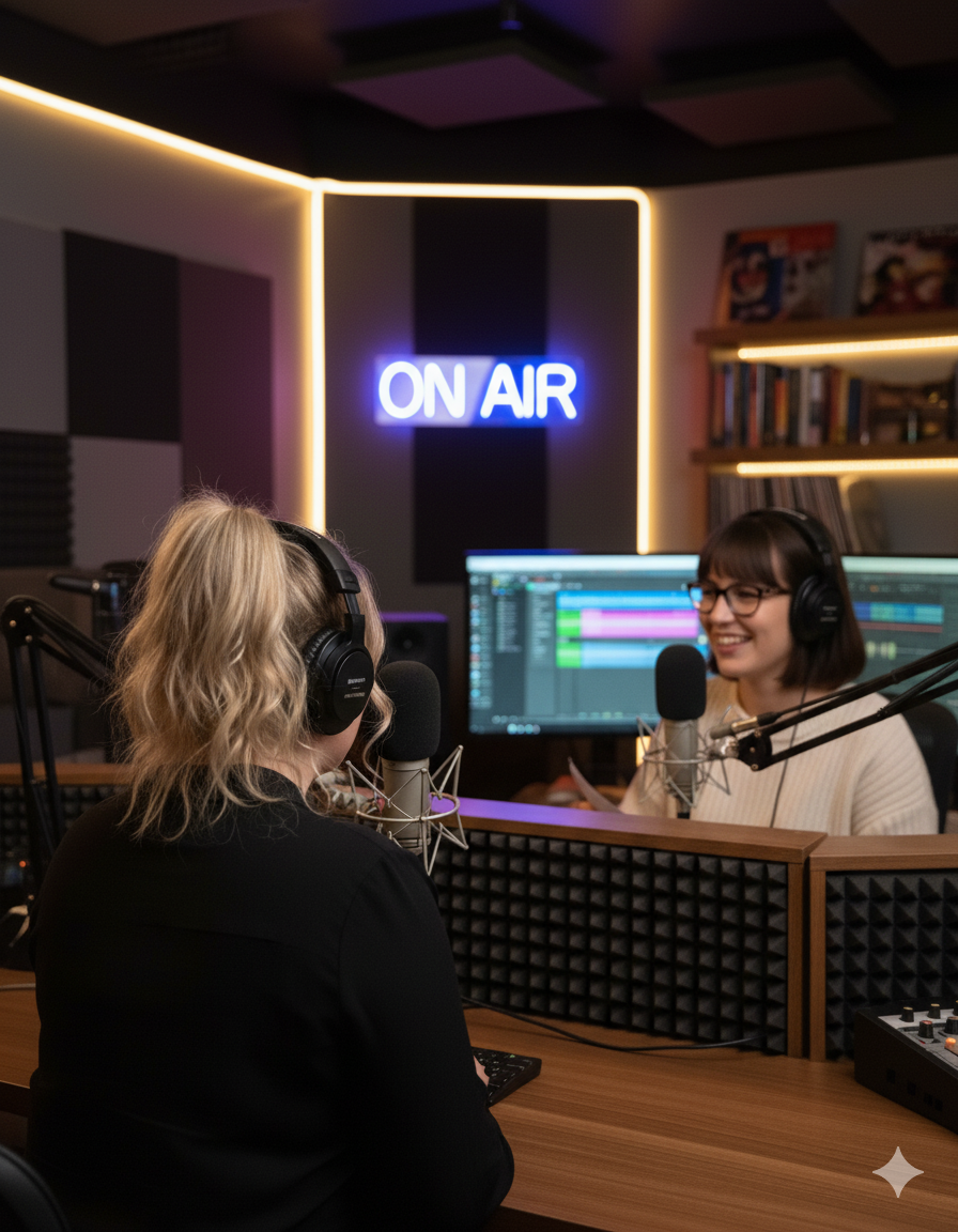 Two women in a radio studio with microphones, wearing headphones, having a conversation, with an 'On Air' sign glowing in the background.
