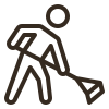 An icon of a person with a backpack, bending down to pick up something from the ground.